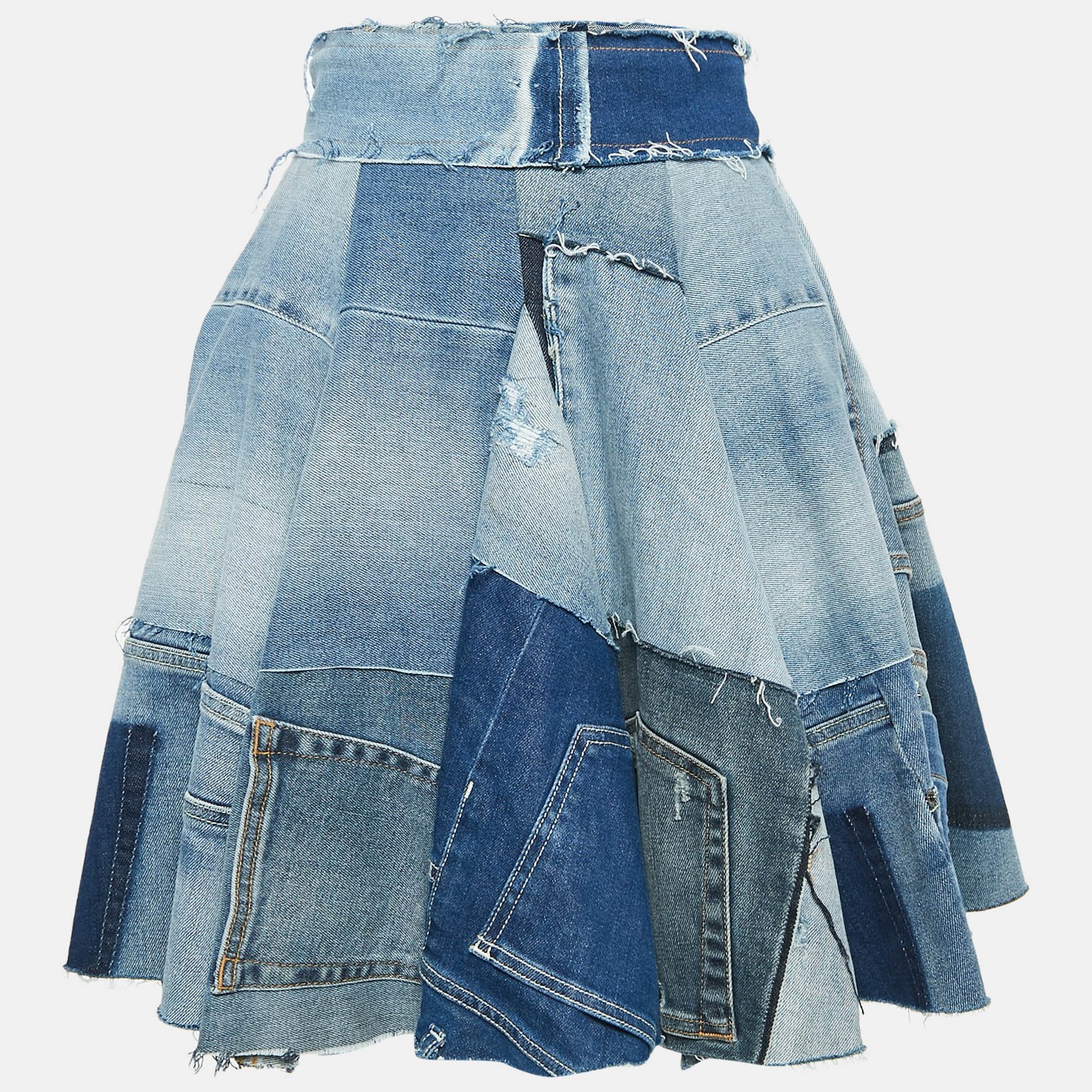 Dolce & Gabbana Blue Denim Patch Work Flared Short Skirt XS