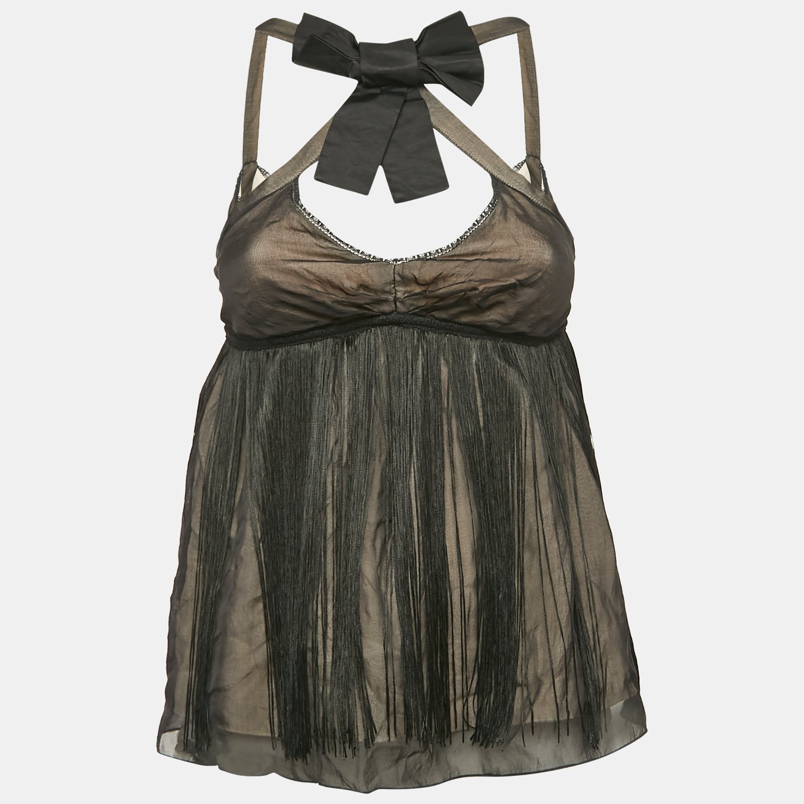 Dolce & Gabbana Black Tasseled Silk Bow Detail Top S