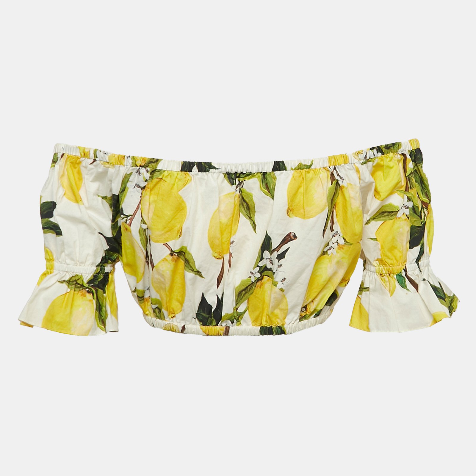 Dolce & Gabbana Yellow Lemon Print Cotton Off Shoulder Crop Top XS