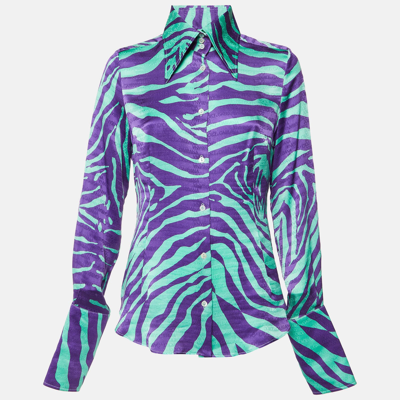 Dolce & Gabbana Green/Purple Tiger Print Logo Jacquard Silk Shirt L