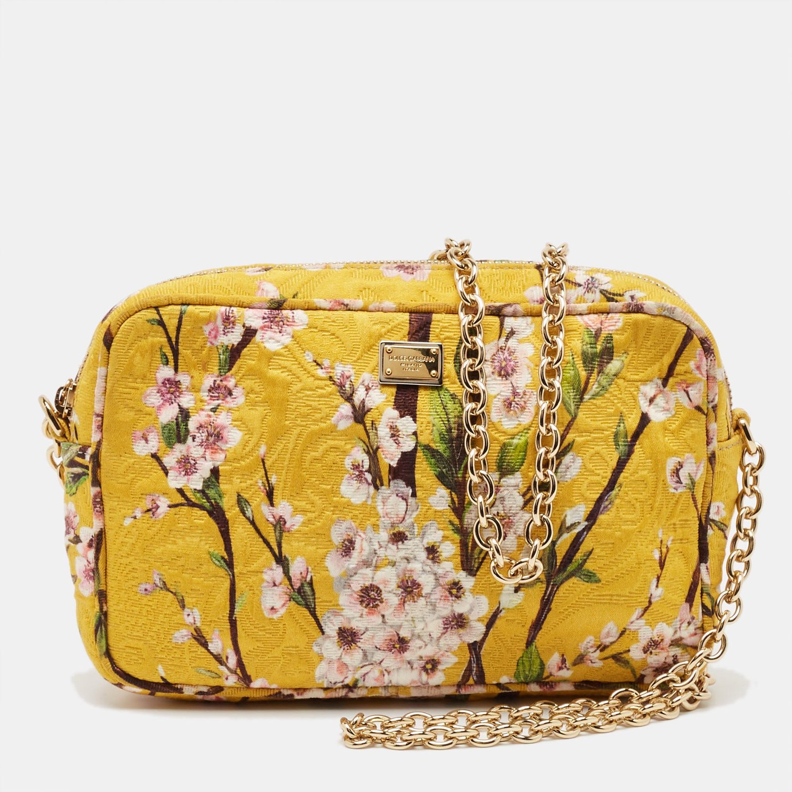 Dolce and Gabbana Yellow Floral Print Canvas Glam Shoulder Bag