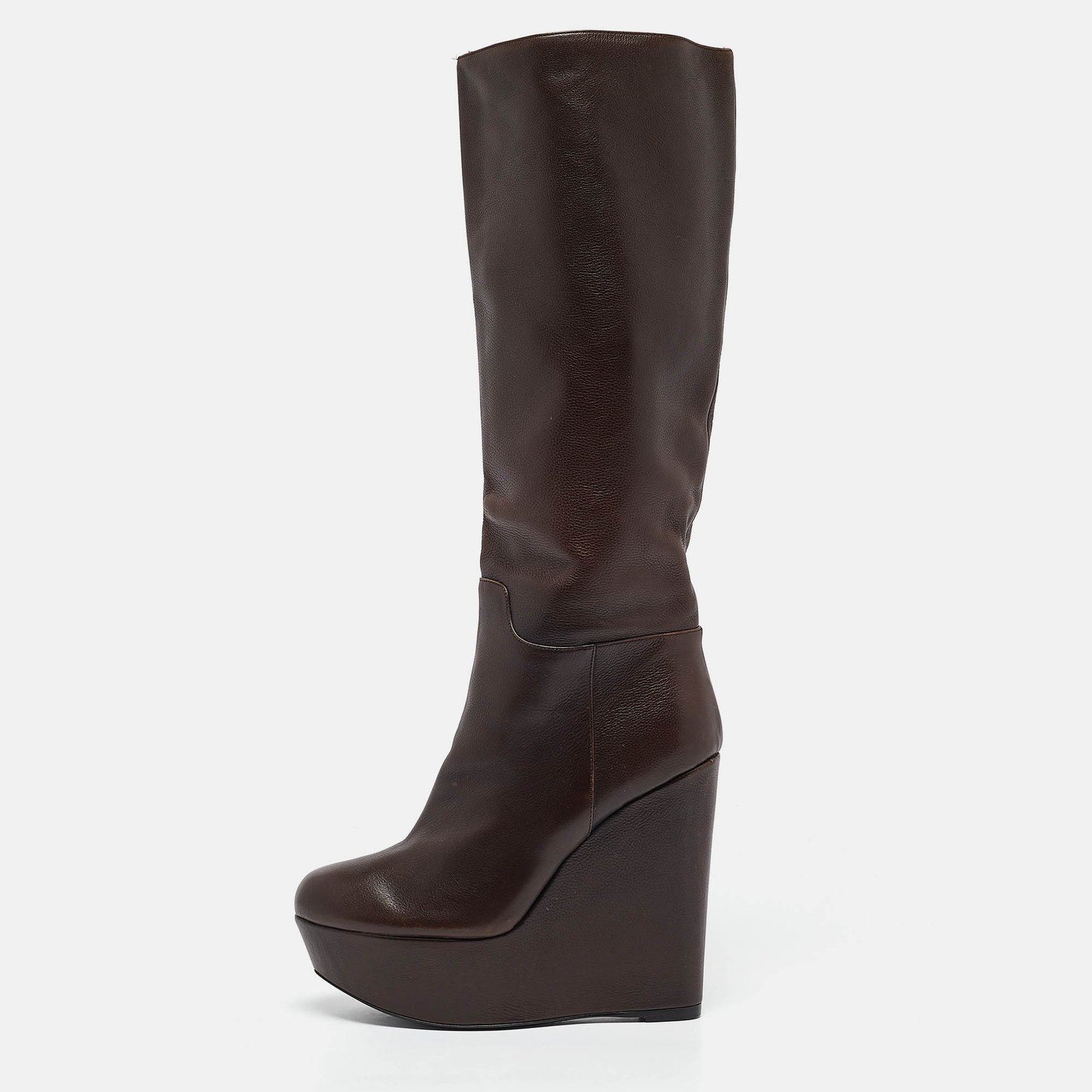 Dolce & Gabbana Brown Leather Wedge Mid Calf Boots Size 37.5
