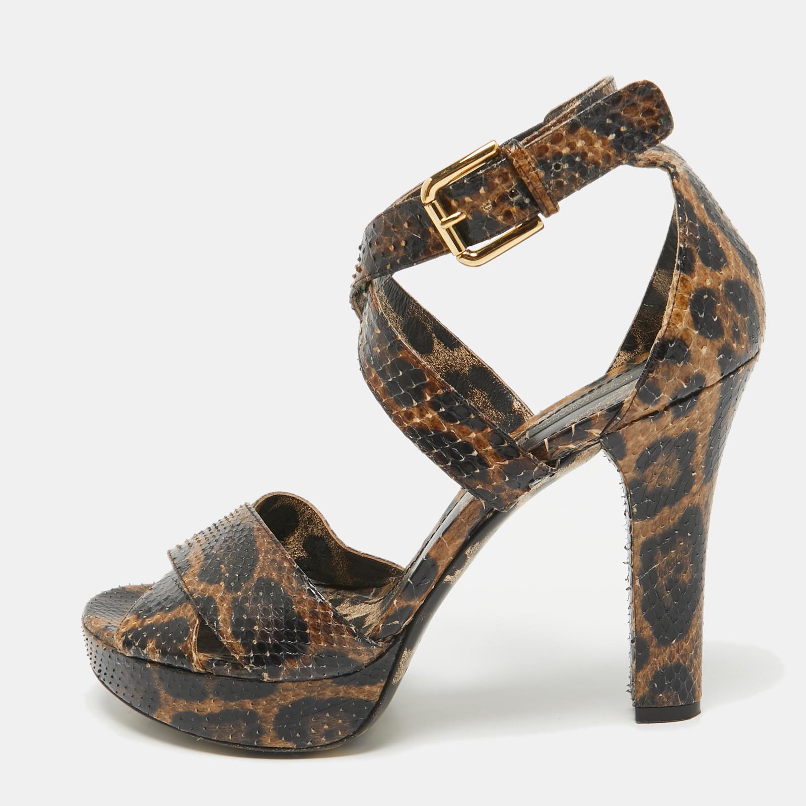 Dolce & Gabbana Brown/Black Python Platform Ankle Strap Sandals Size 41