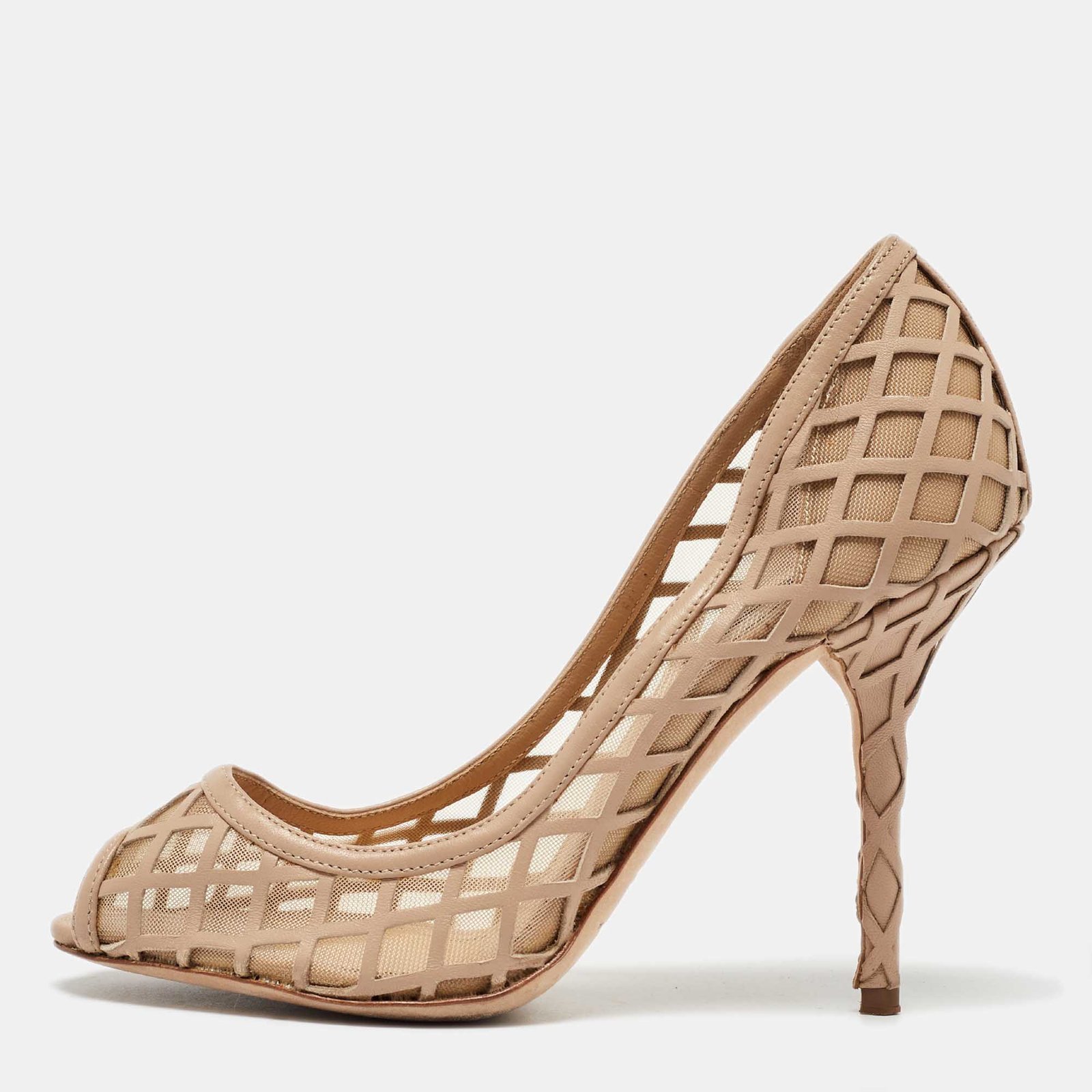 Dolce & Gabbana Beige Mesh and Leather Caged Peep Toe Pumps Size 37