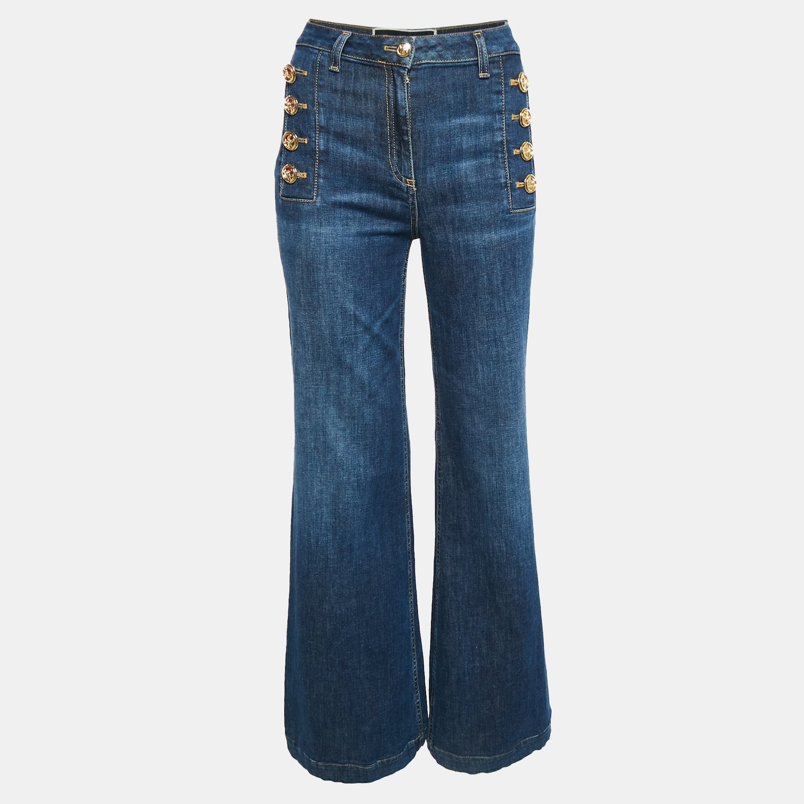 Elisabetta Franchi Blue Washed Denim Embellished Button Jeans S Waist 26"
