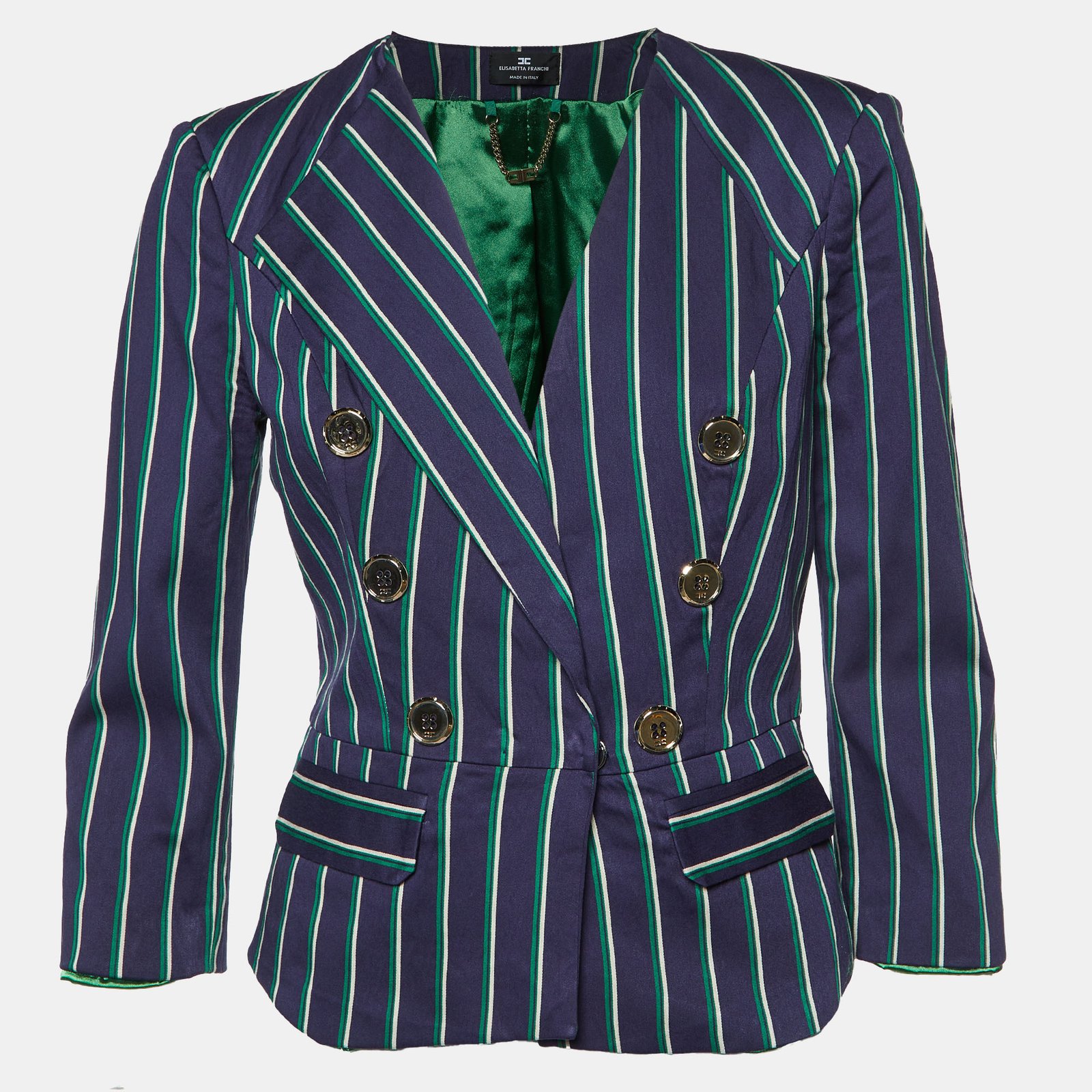 Elisabetta Franchi Navy Blue Striped Button Detail Blazer M