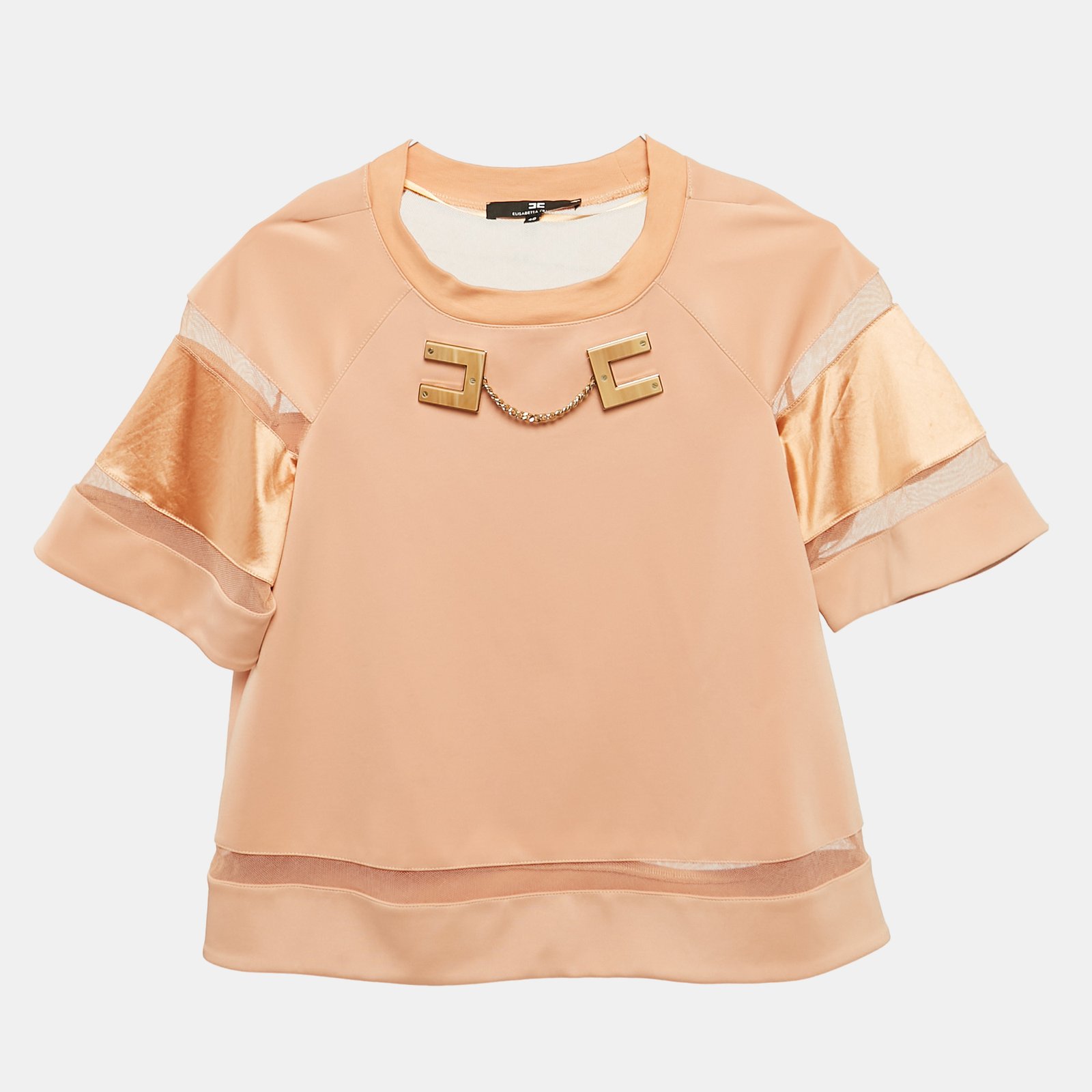 Elisabetta Franchi Light Orange  Logo Plaque Tulle Trim Jersey Top S