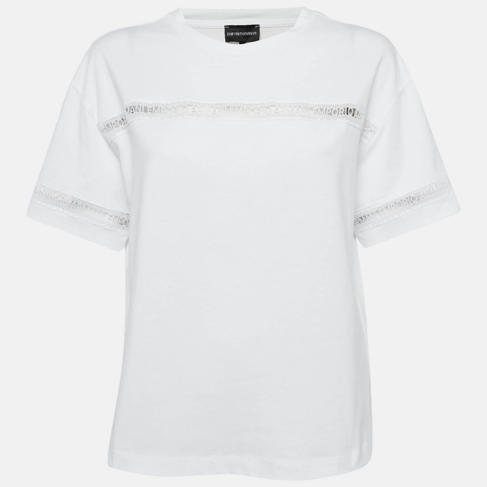 Emporio Armani White Cotton Logo Lace Trimmed T-Shirt M