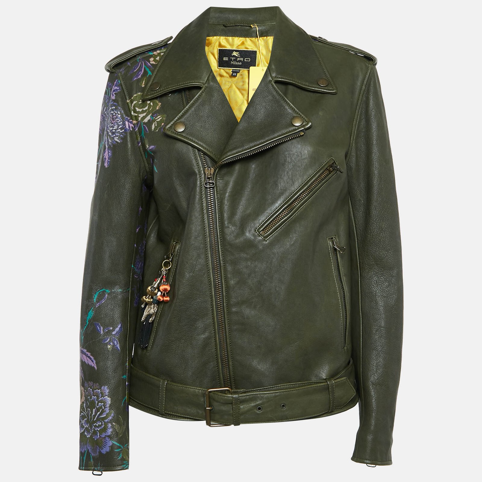 Etro Green Floral Print Leather Applique Detail Jacket M