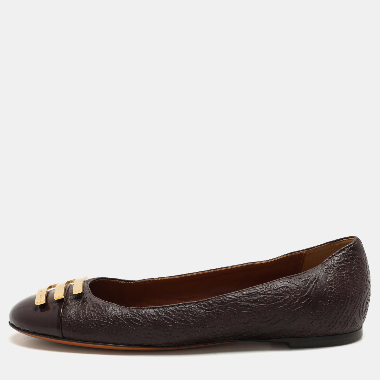 Etro Brown Embossed Leather Embellished Cap Toe Ballet Flats Size 40