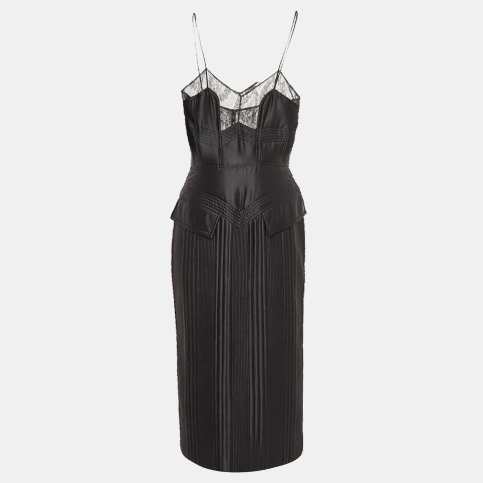 Fendi Black Quilted Silk Lace Trimmed Midi Dress M