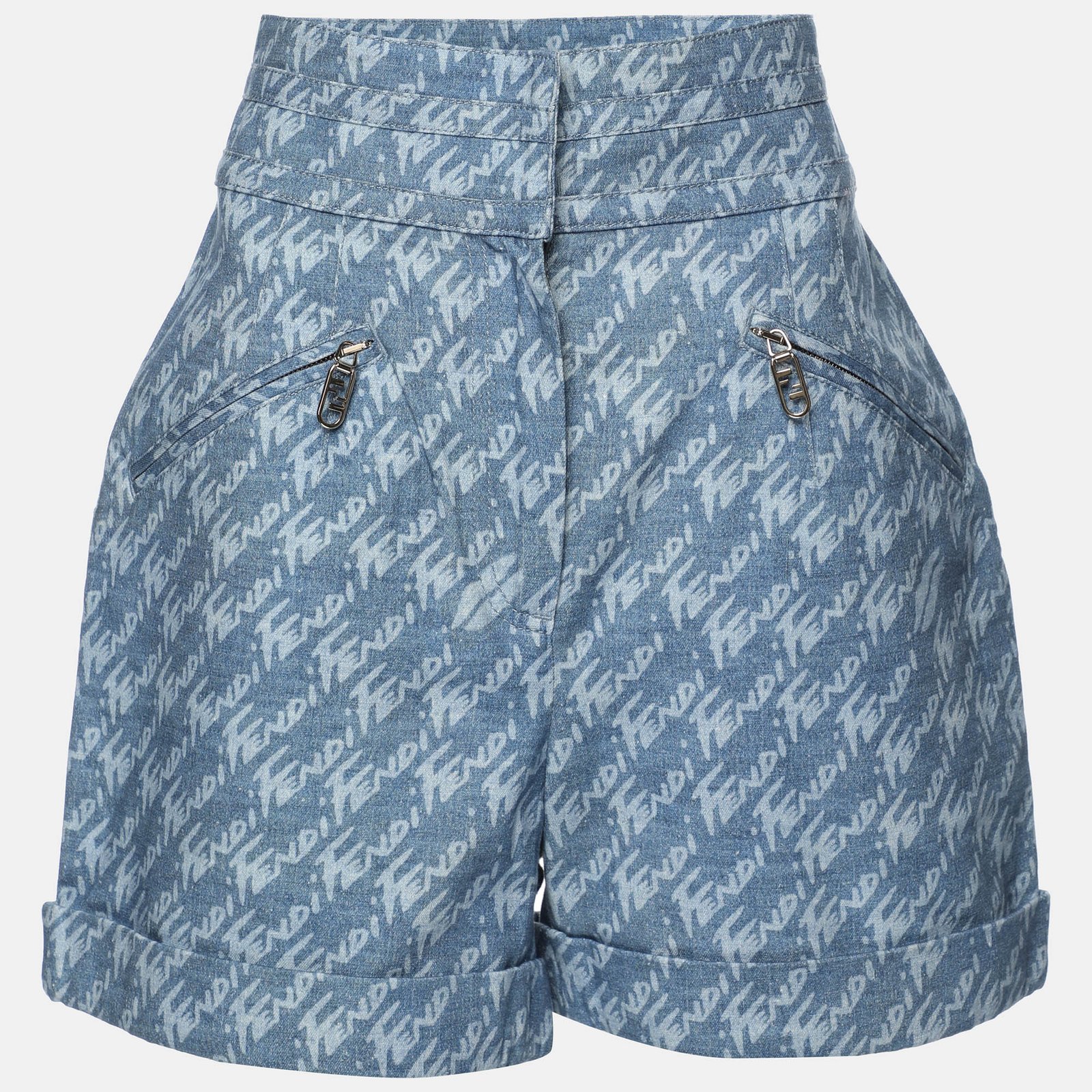 Fendi Blue Brushed Logo Denim High Rise Short S
