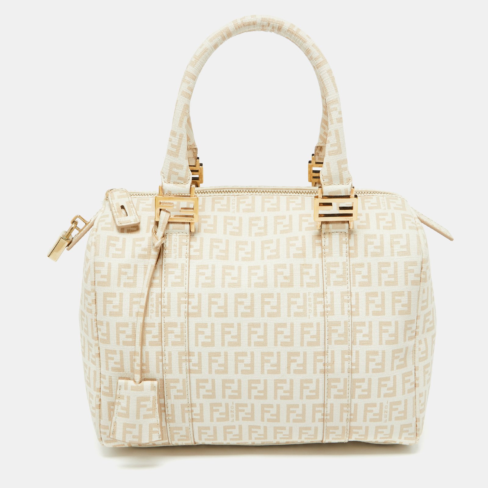 Fendi Beige Zucchino Coated Canvas and Leather Forever Bauletto Boston Bag
