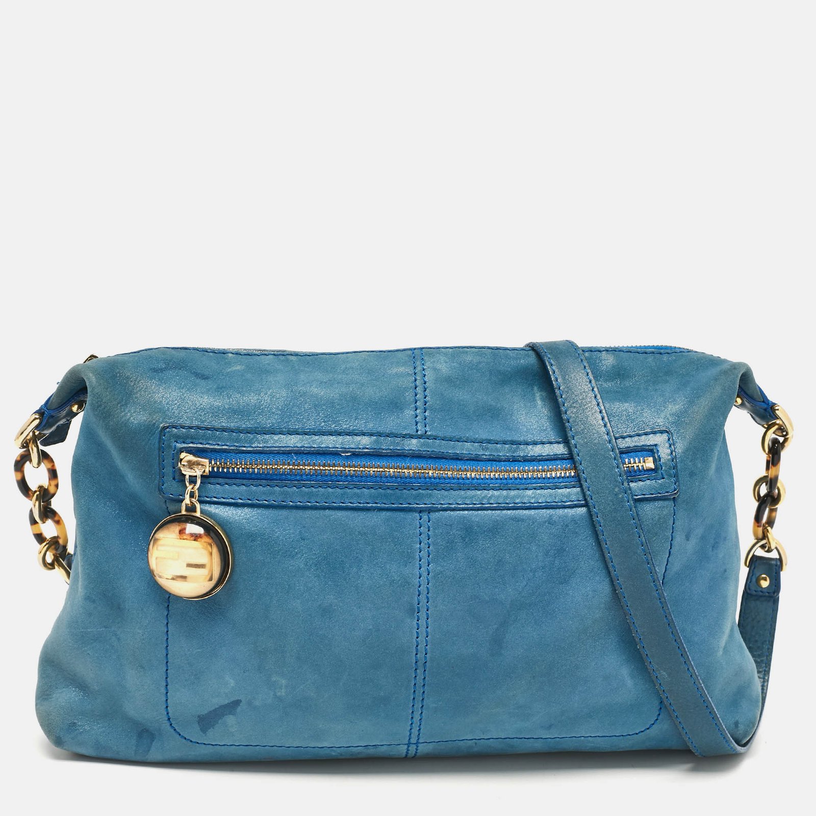 Fendi Blue Shimmer Nubuck Leather Charm Crossbody Bag