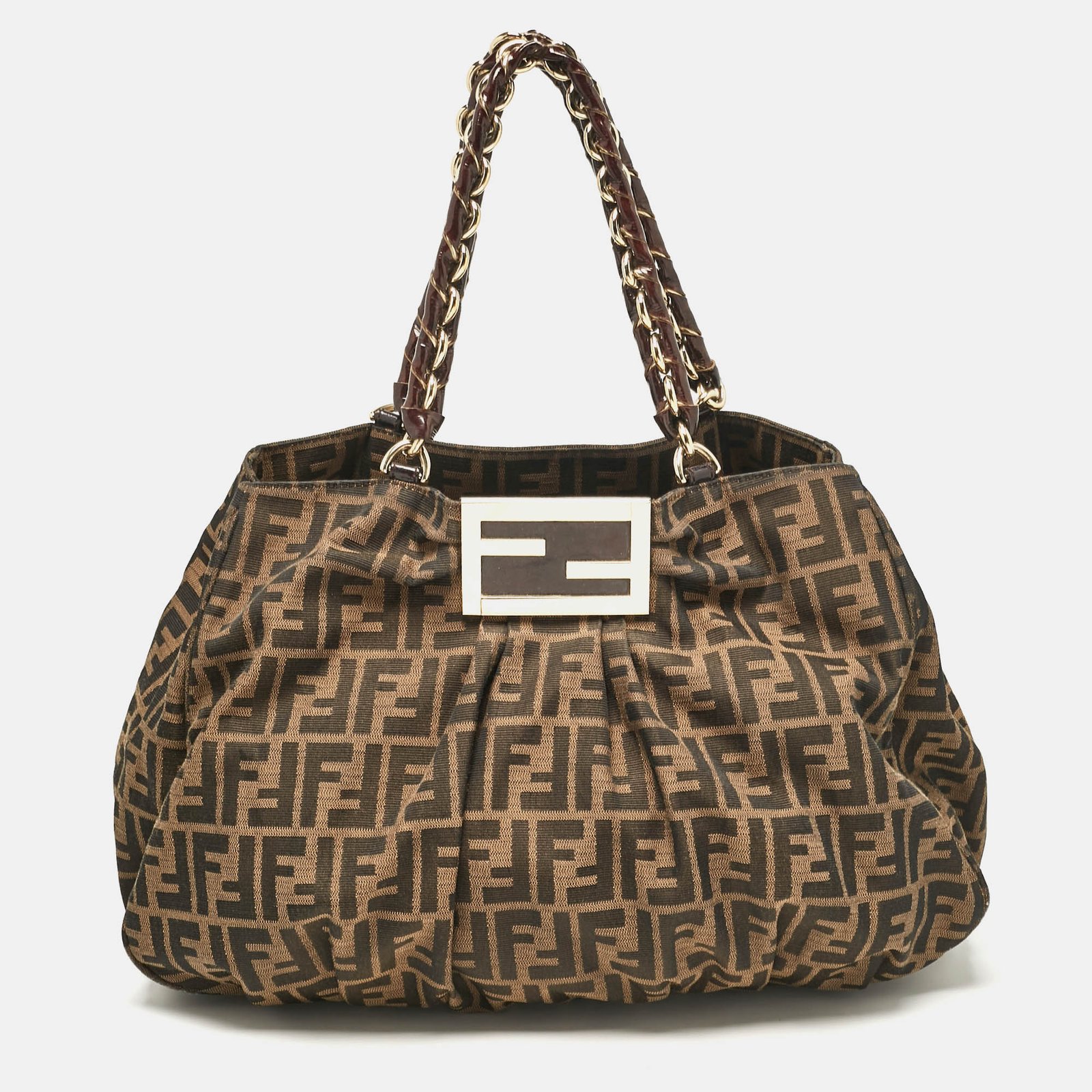 Fendi Tobacco Zucca Canvas and Patent Leather Large Mia Shoulder Bag