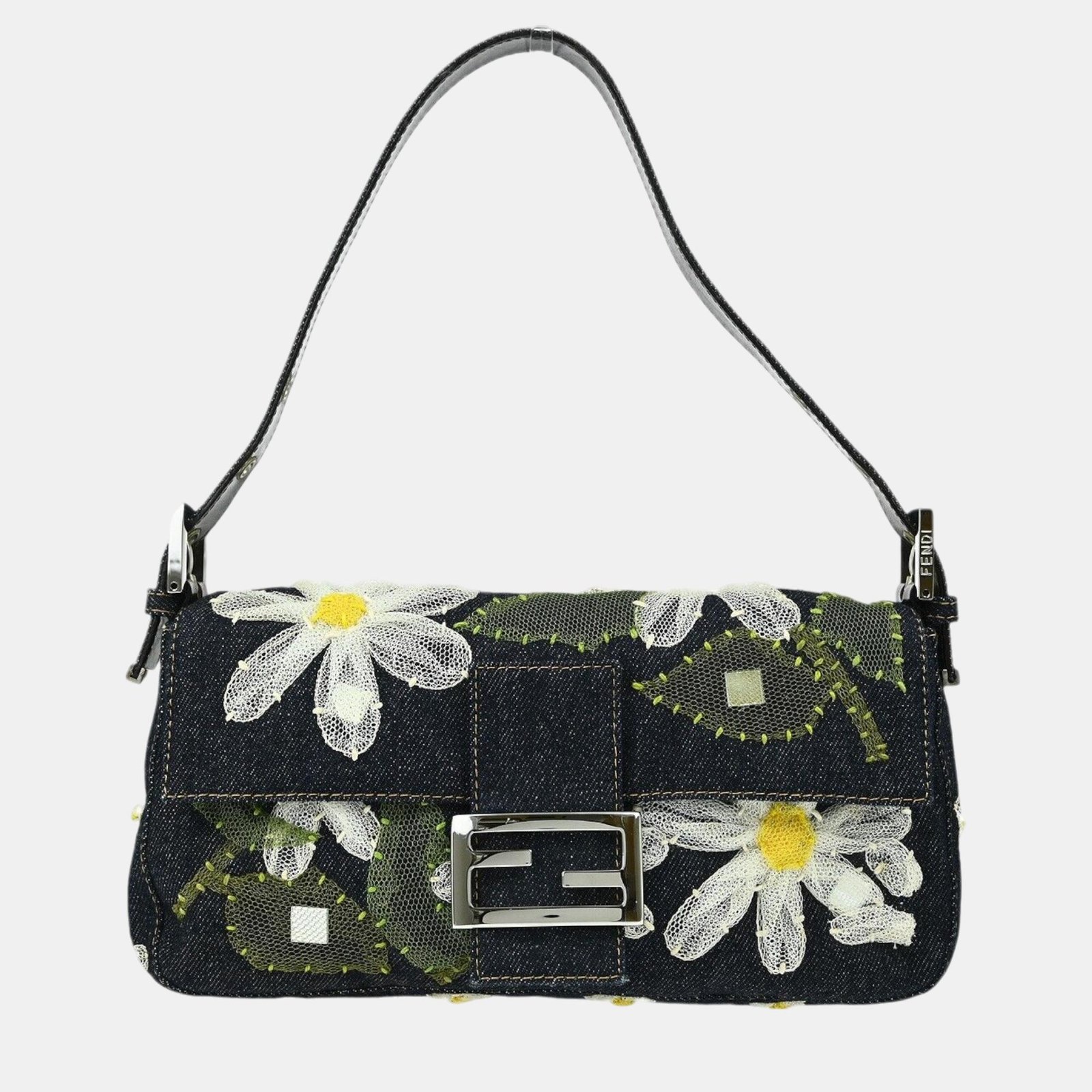 Fendi Indigo Denim Mesh Patchwork Baguette Handbag