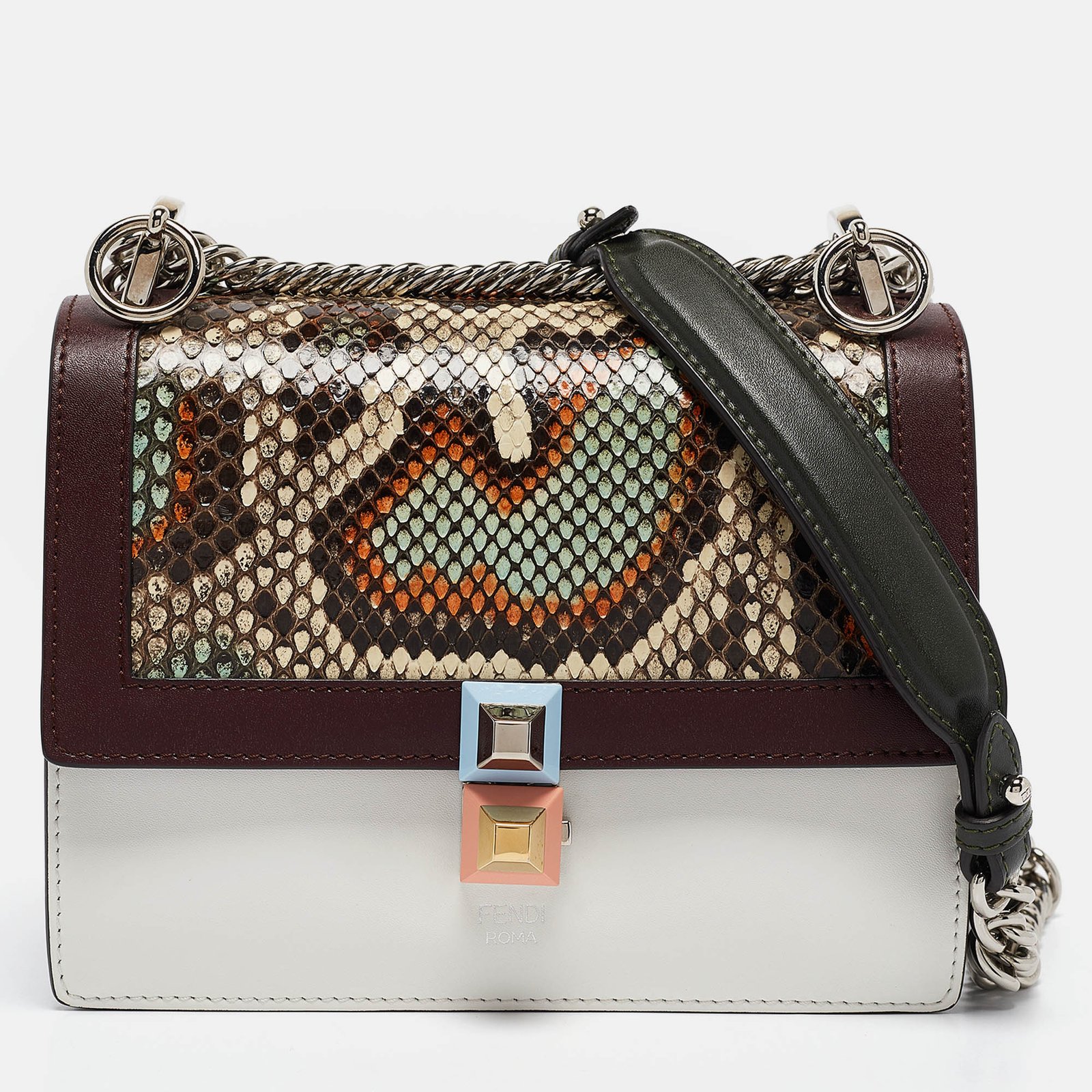 Fendi Multicolor Snakeskin and Leather Studded Small Kan I Shoulder Bag