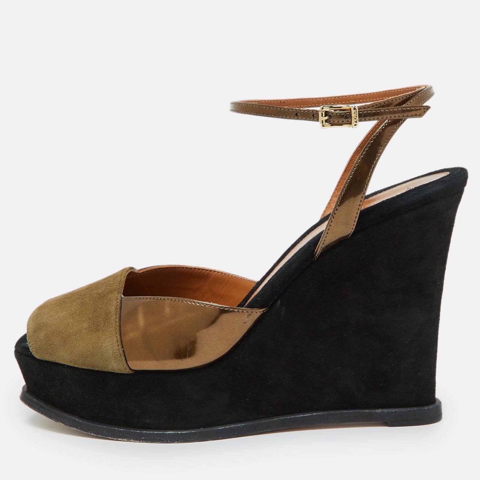 Fendi Brown Patent Leather and Suede Fendista Platform Wedge Sandals Size 40