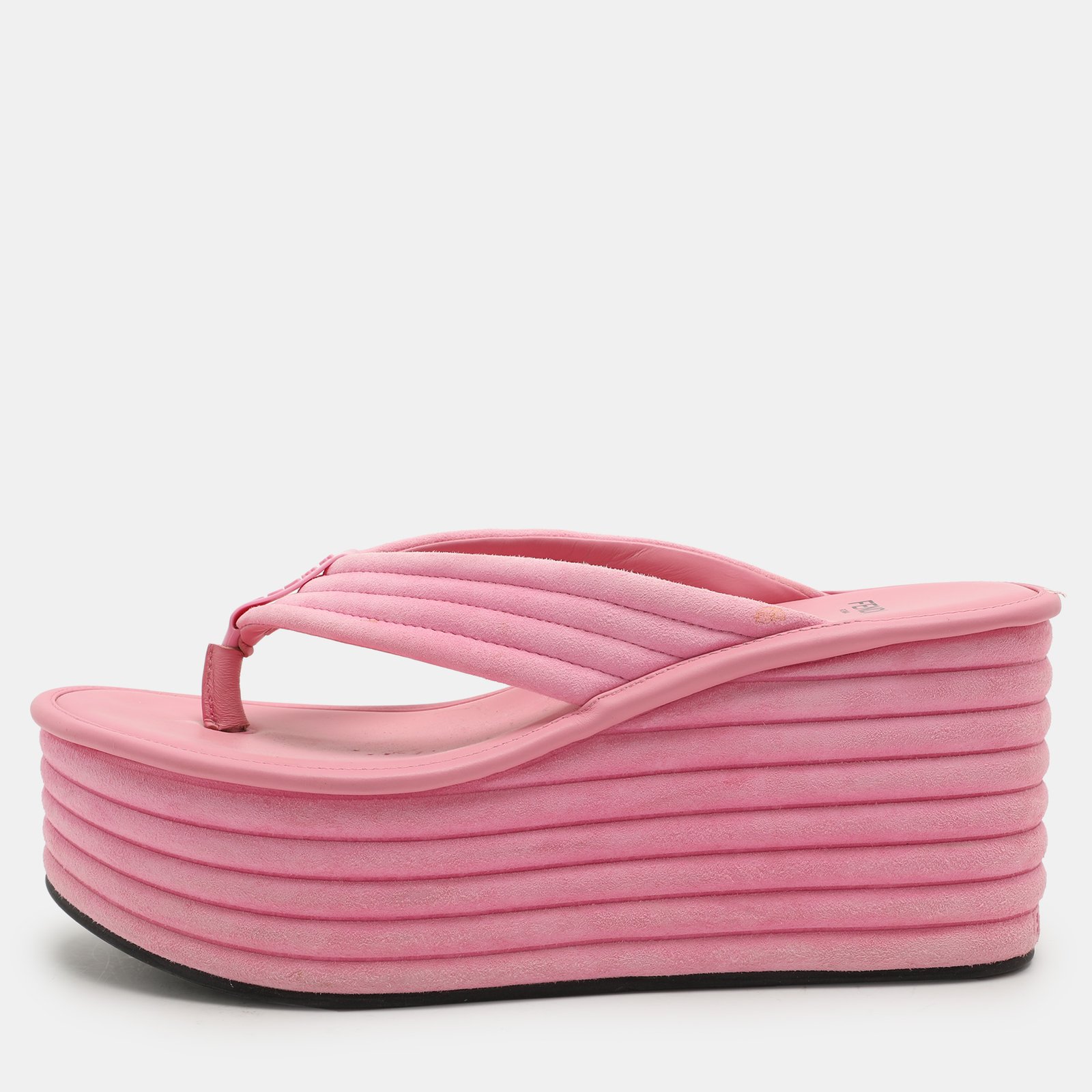 Fendi Pink Suede Platform Thong Slide Sandals Size 38