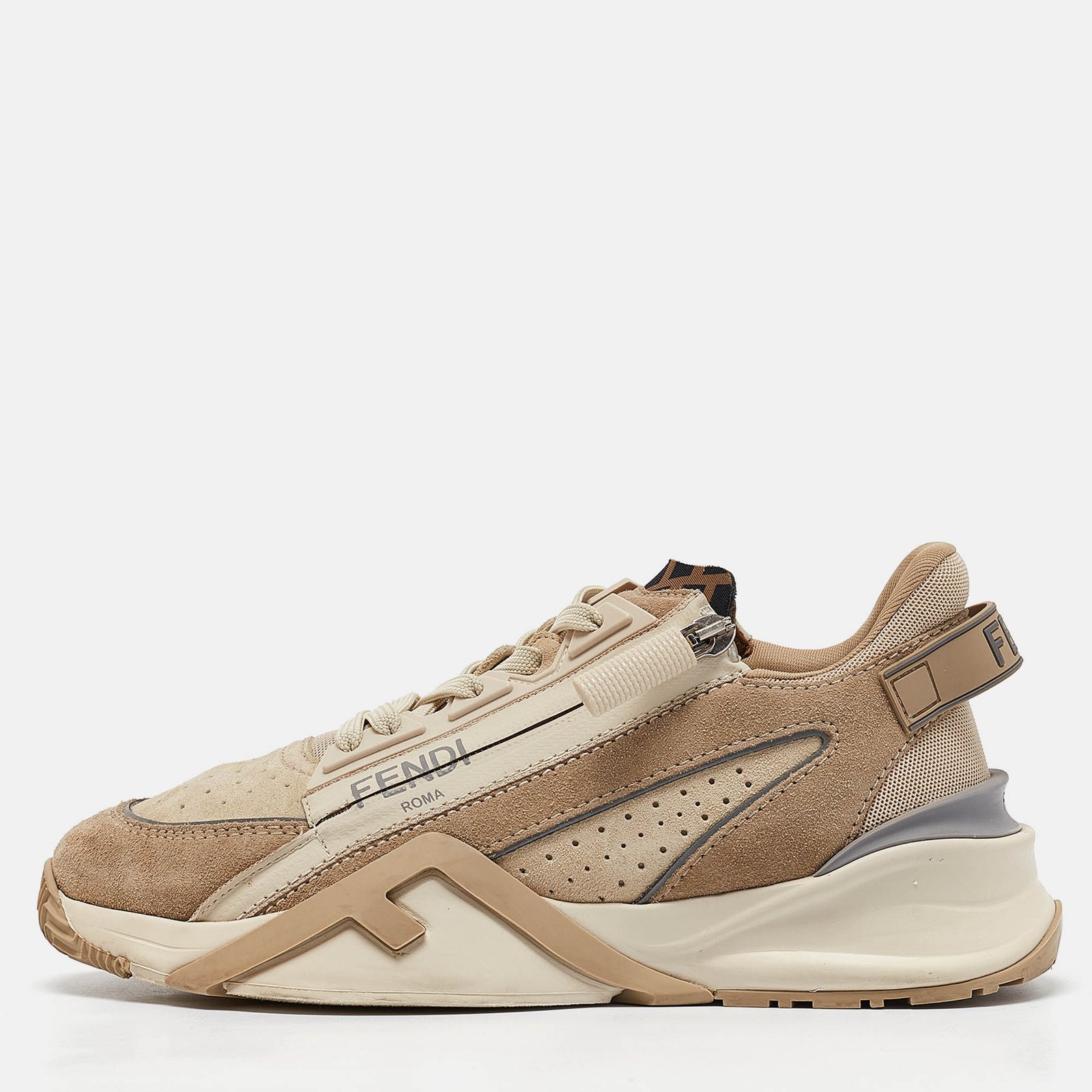 Fendi Beige Leather and Suede Flow Lace Up Sneakers Size 36