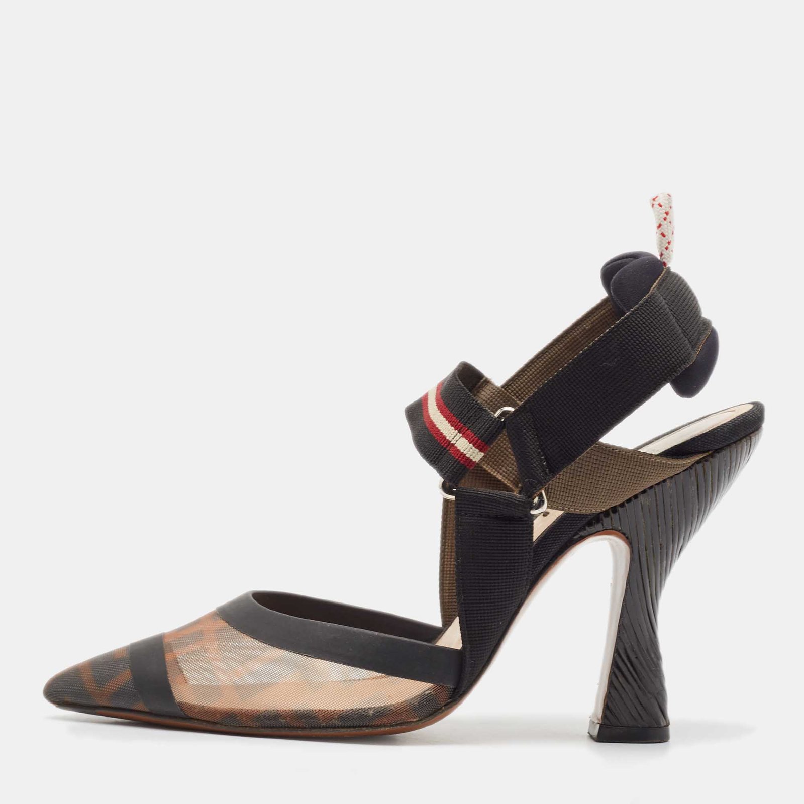 Fendi Brown/Black Zucca Mesh and Leather Colibri Slingback Pumps Size 38