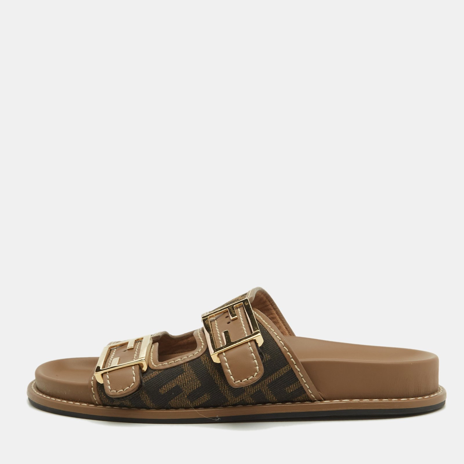 Fendi Brown Zucca Canvas and Leather FF Buckle Slides Size 37.5