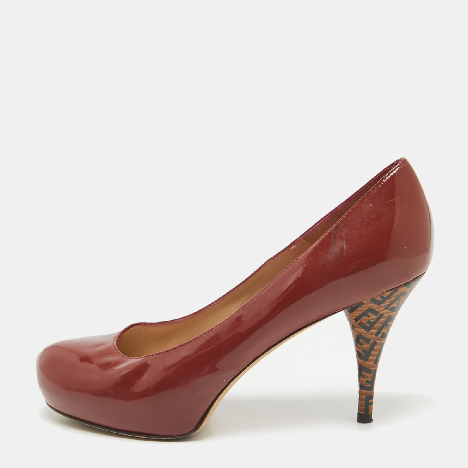 Fendi Rust Brown Patent Leather Zucca Heel Platform Pumps Size 39