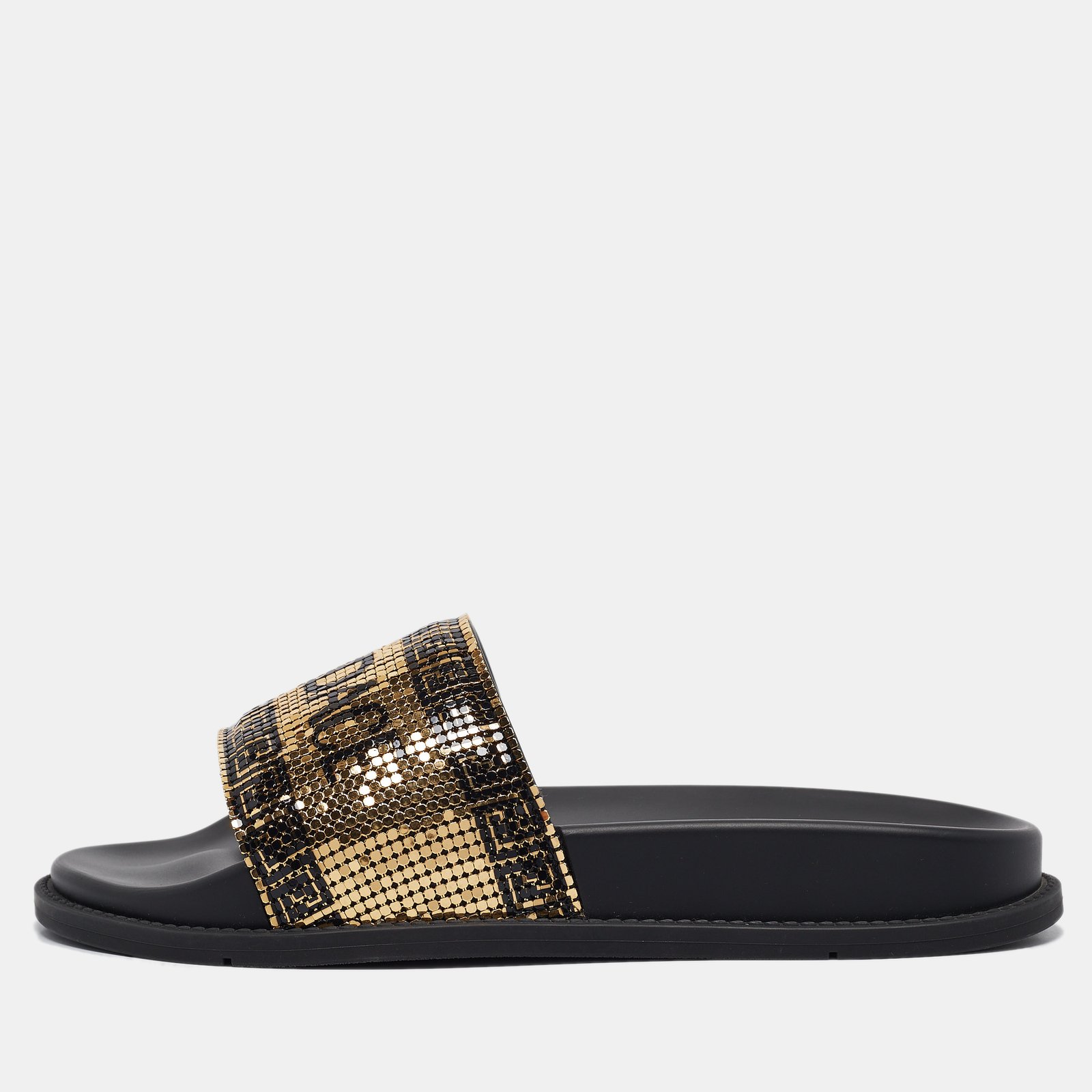 Fendi x Versace Gold/Black Metal Mesh Pool Slides Size 38