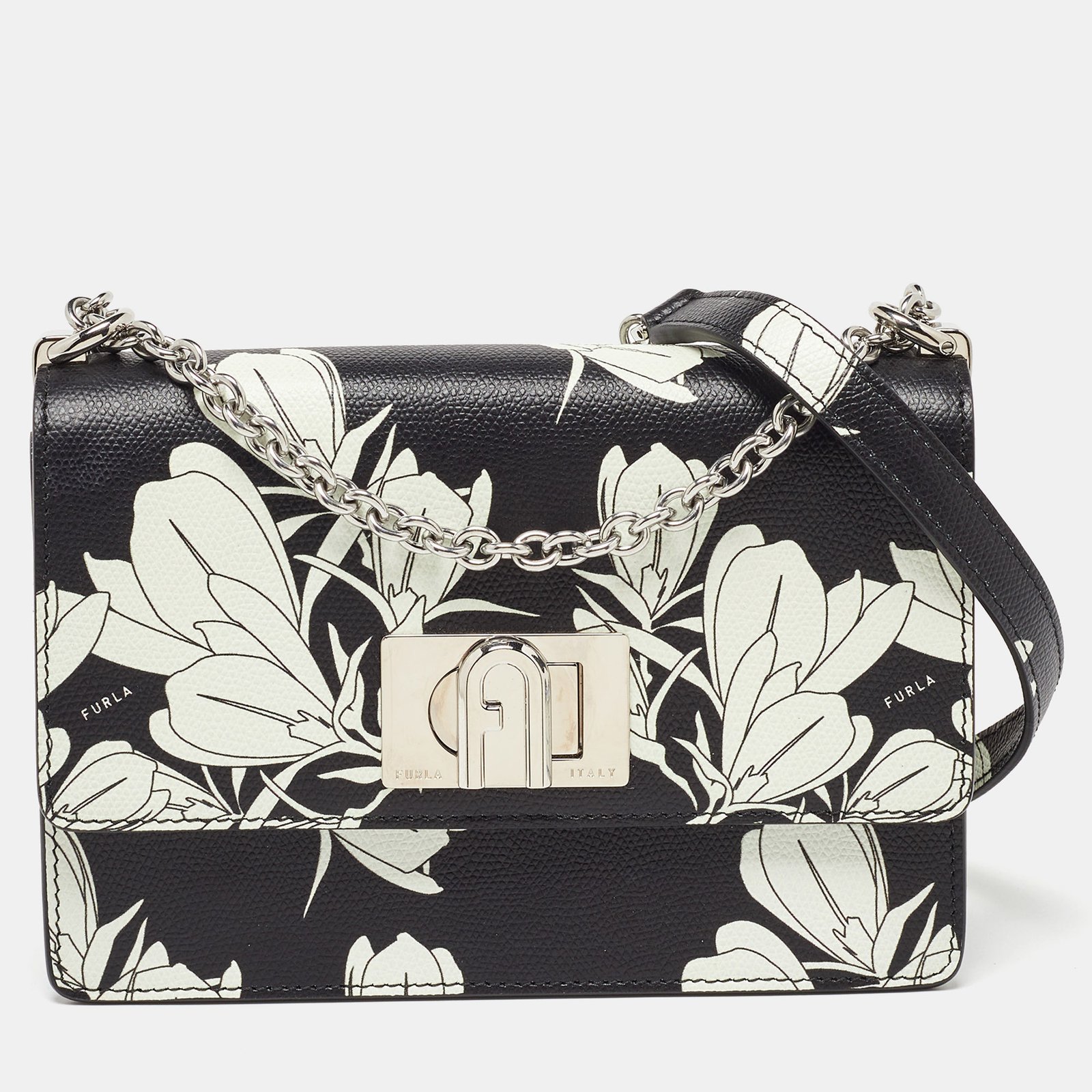 Furla Black/White Leather Floral Print 1927 Mini Crossbody Bag