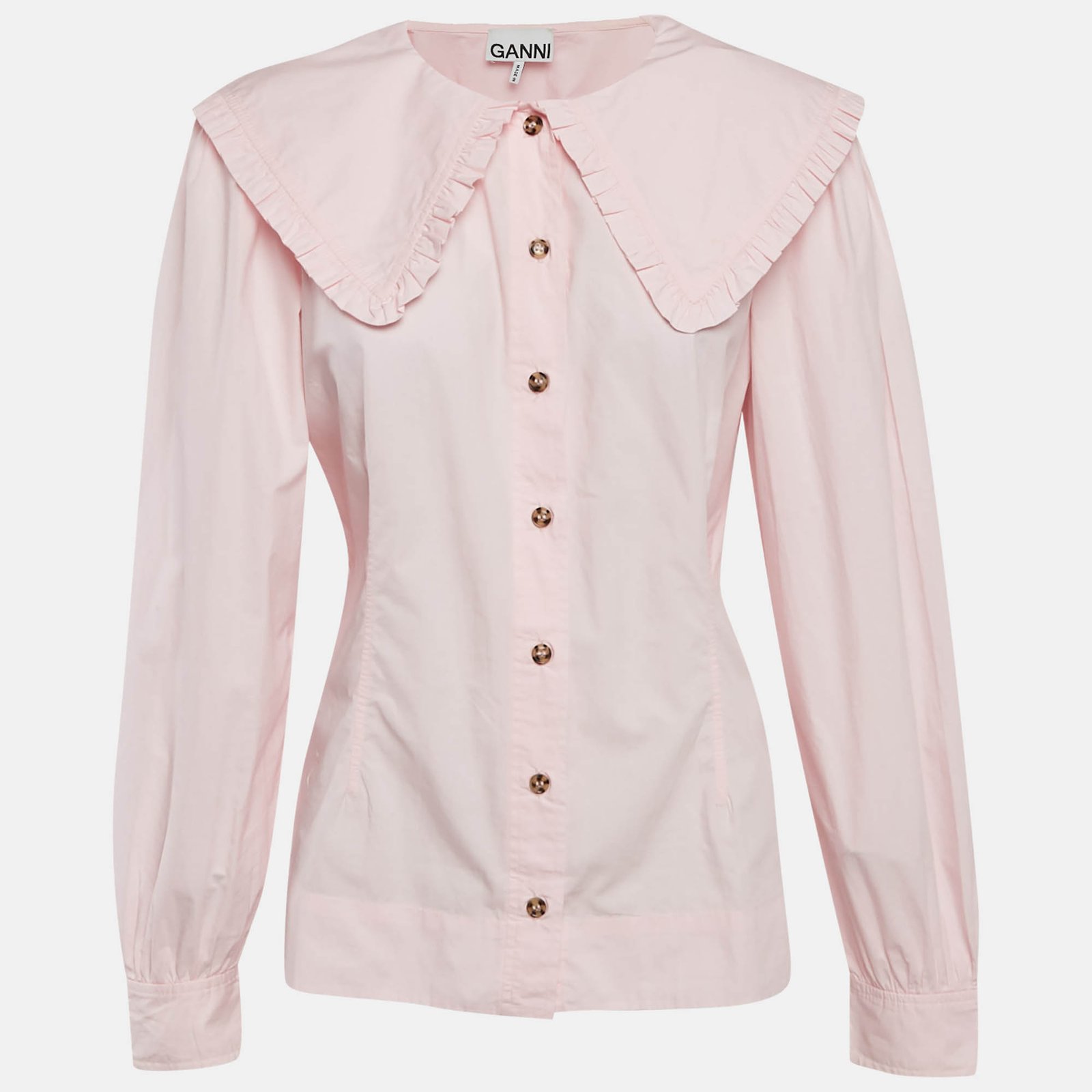 Ganni Pink Cotton Ruffled Platter Collar Shirt XL