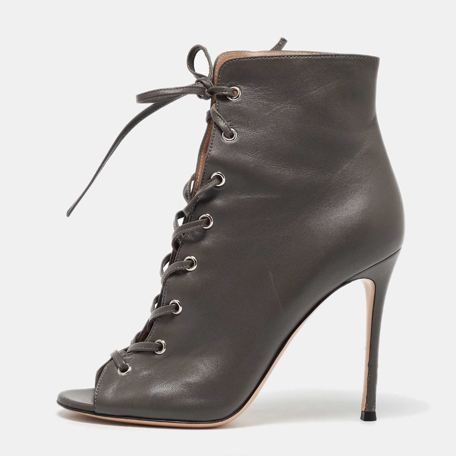 Gianvito Rossi Grey Leather Open Toe Lace up Ankle Length Boots Size 40