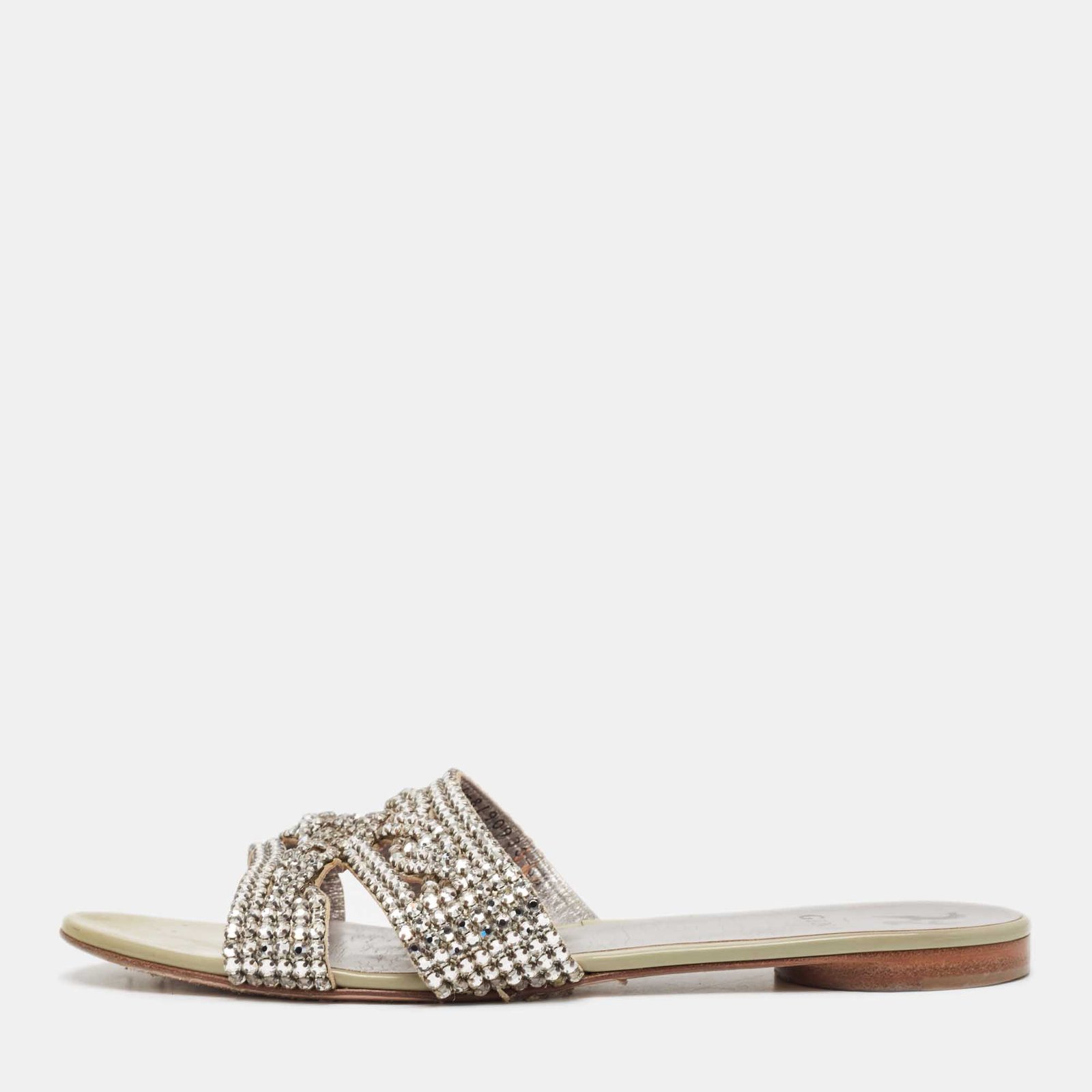 Gina Silver Leather Crystal Embellished Leather Loren Flat Sandals Size 41.5