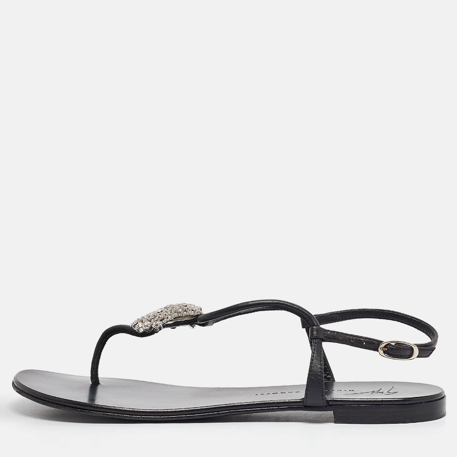 Giuseppe Zanotti Black Leather Emmy Lou Flat Sandals Size 38.5