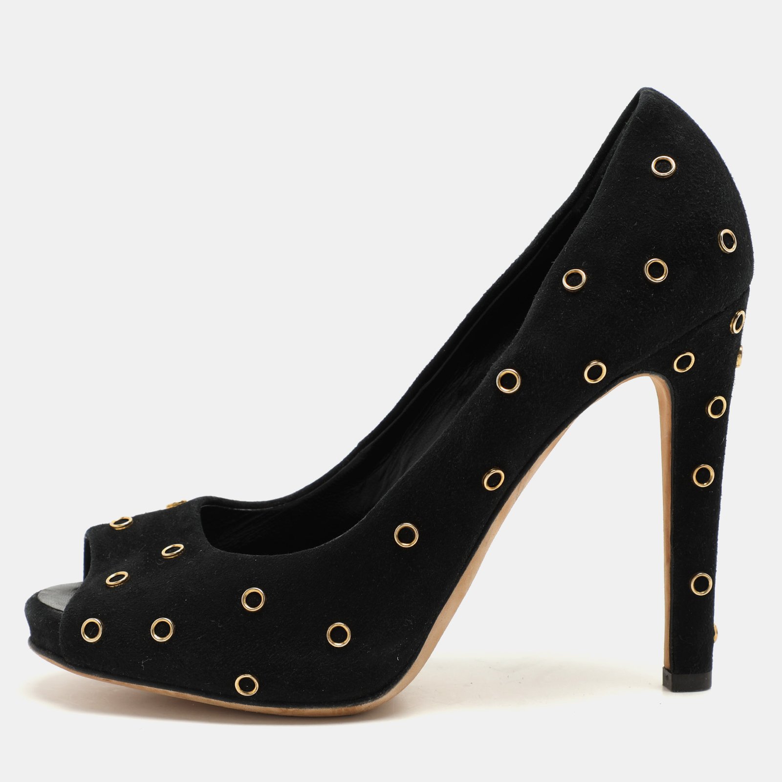 Giuseppe Zanotti Black Suede Embellished Peep Toe Pumps Size 37.5