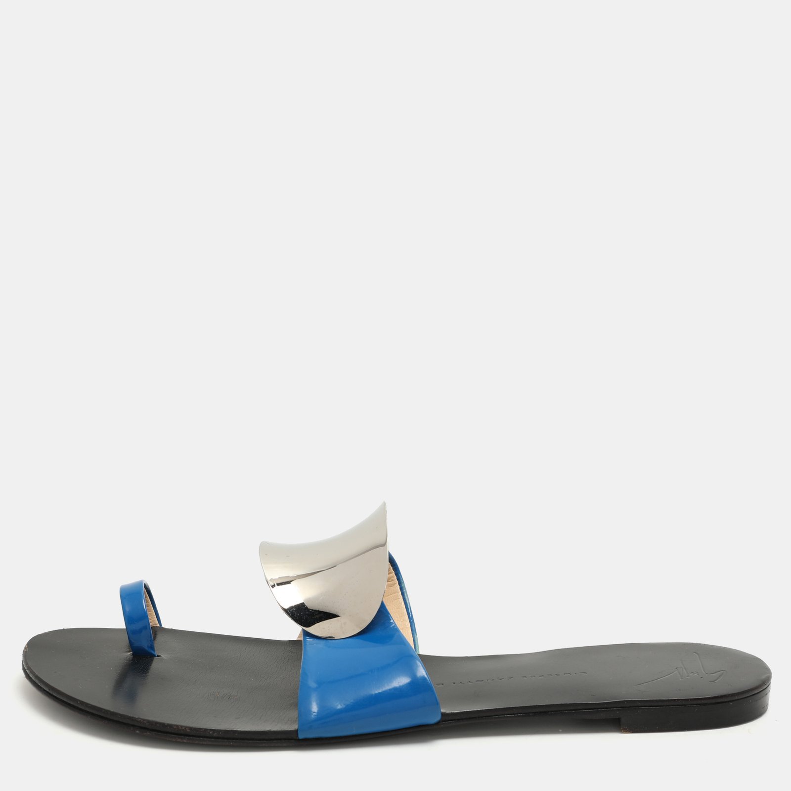 Giuseppe Zanotti Blue Patent Leather Toe Ring Flat Sandals Size 41