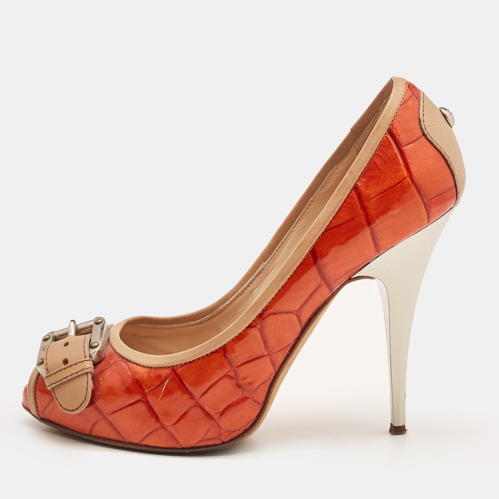 Giuseppe Zanotti Orange Embossed Croc Buckle Detail Peep Toe Pumps Size 37