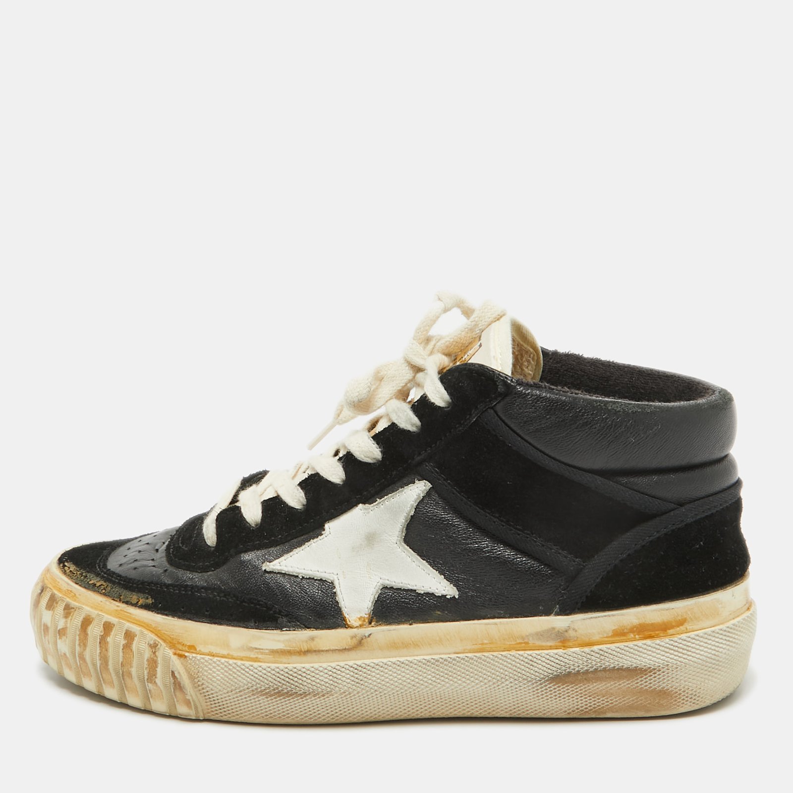 Golden Goose Black/White Leather and Suede Mid Star Sneakers Size 36