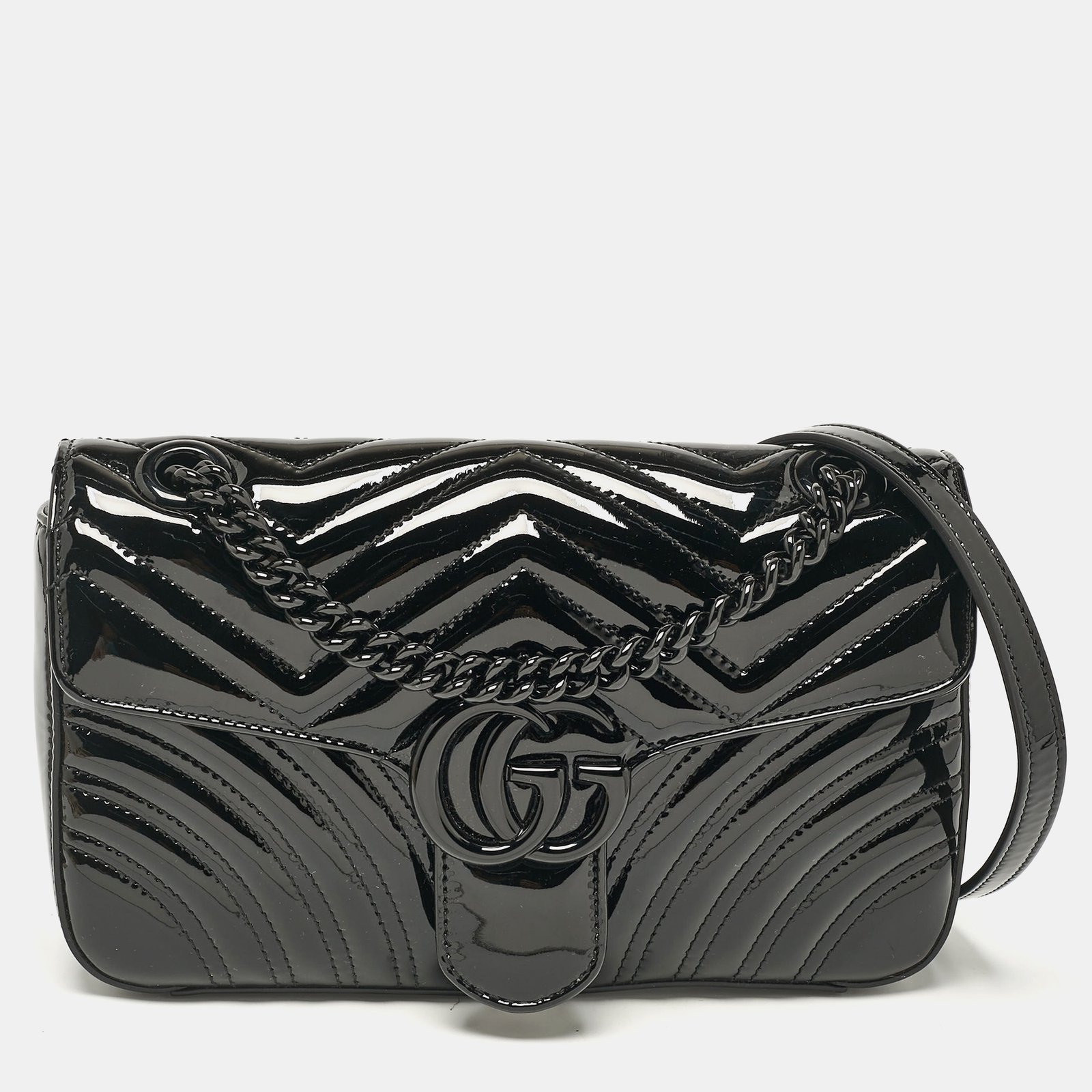 Gucci Black Matelassé Patent Leather Small GG Marmont Shoulder Bag