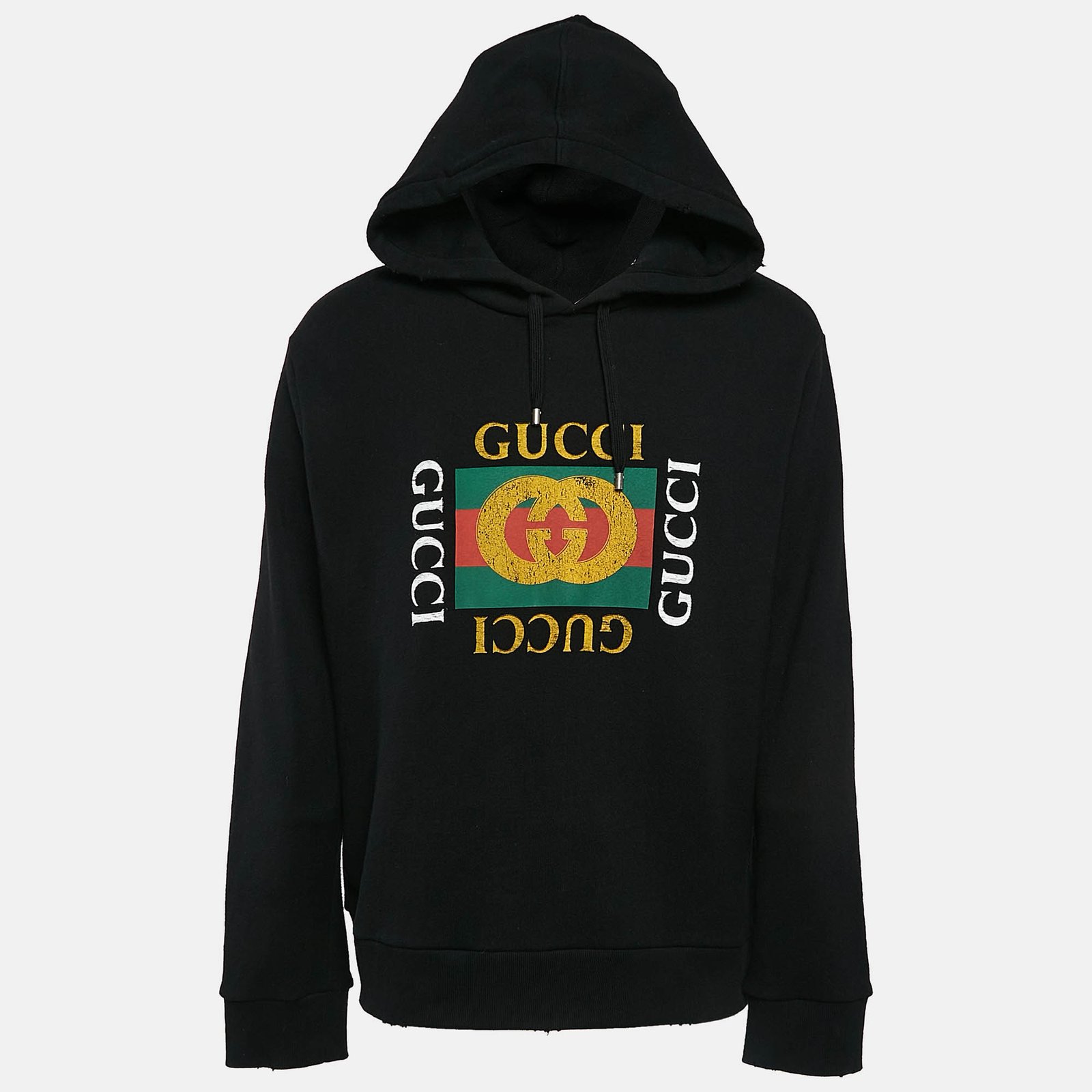 Gucci Black Vintage Print Cotton Knit Distressed Hoodie XXL