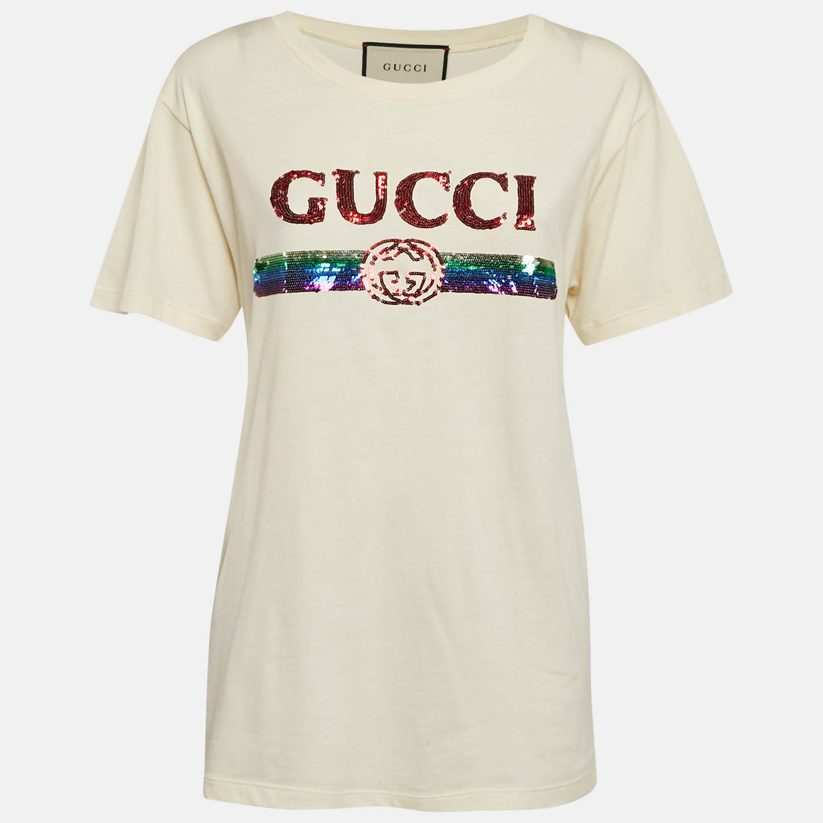 Gucci Cream Sequin Logo Cotton Crew Neck T-Shirt L