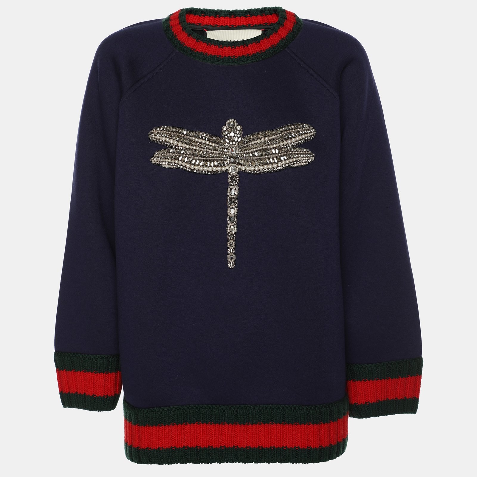 Gucci Navy Blue Knit Crystal Embroidered Dragonfly Patch Sweater M