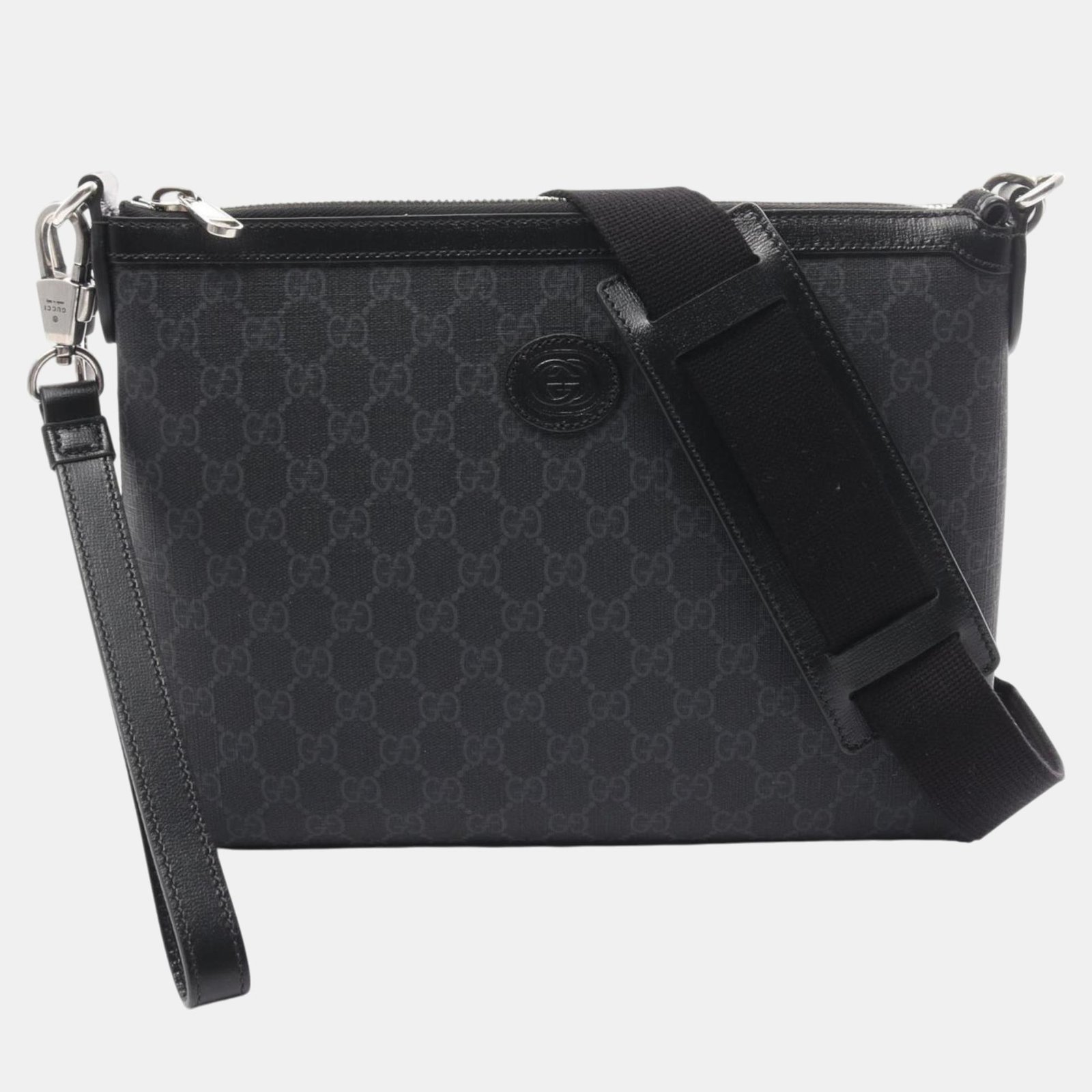 Gucci Black Grey Coated Canvas Leather Interlocking G GG Supreme Shoulder Bag