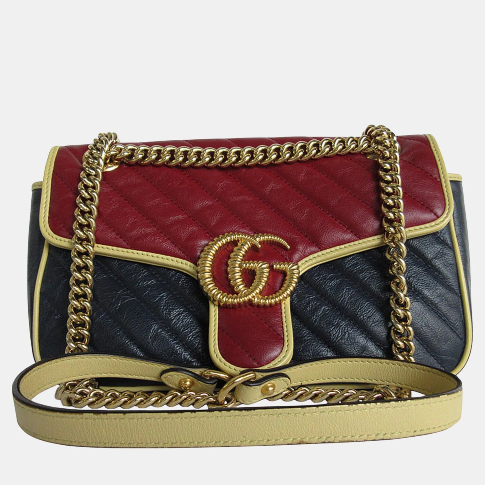 Gucci Metal Burgundy Navy Gold Leather GG Marmont Shoulder Bag