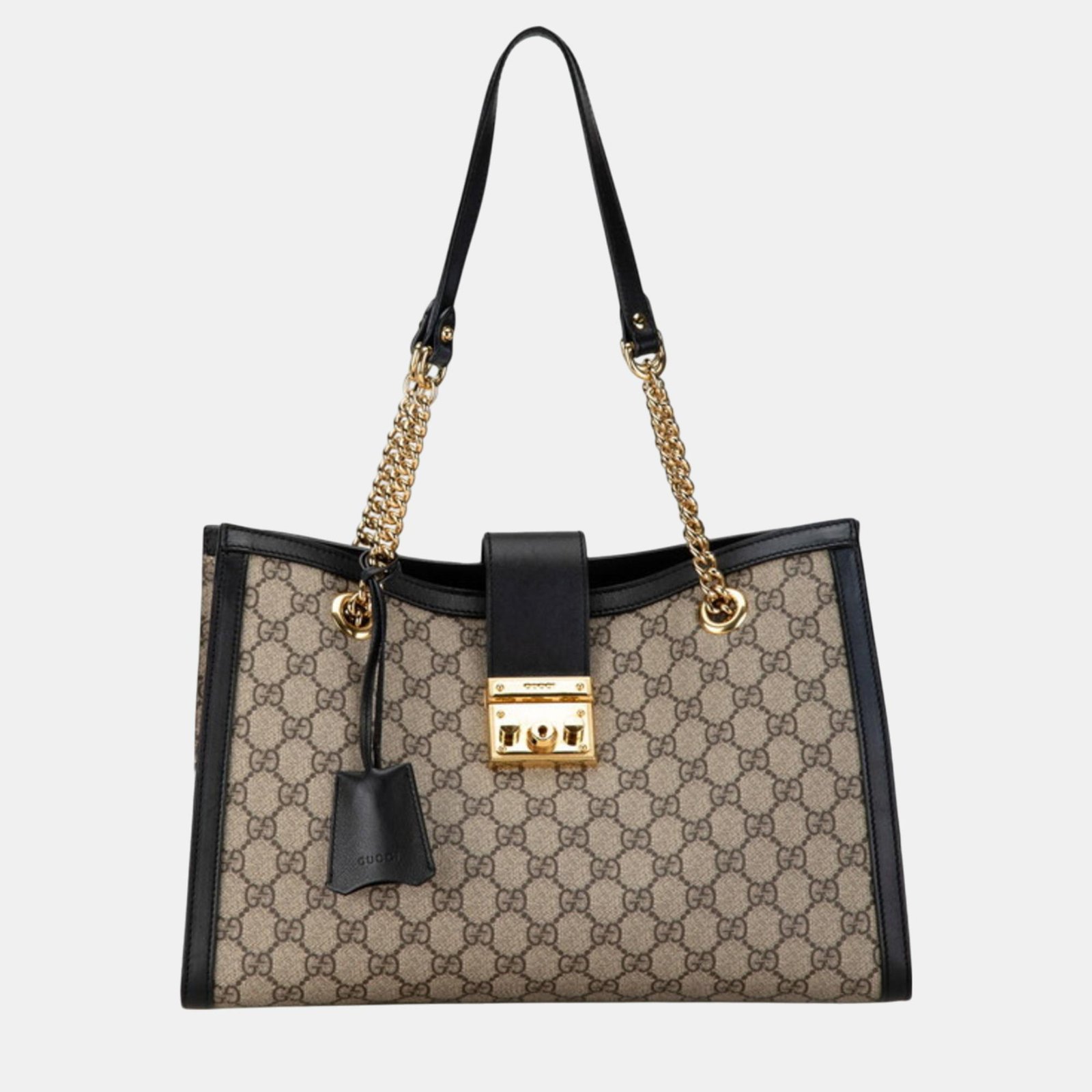 Gucci Beige Black PVC Leather GG Supreme Padlock Chain Shoulder Bag