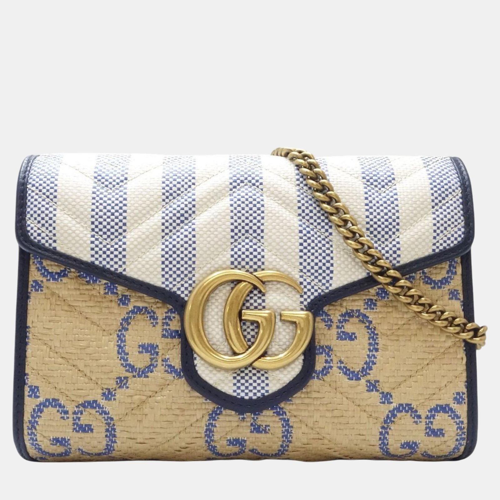 Gucci Beige Blue Leather x Raffia GG Marmont Chain Wallet