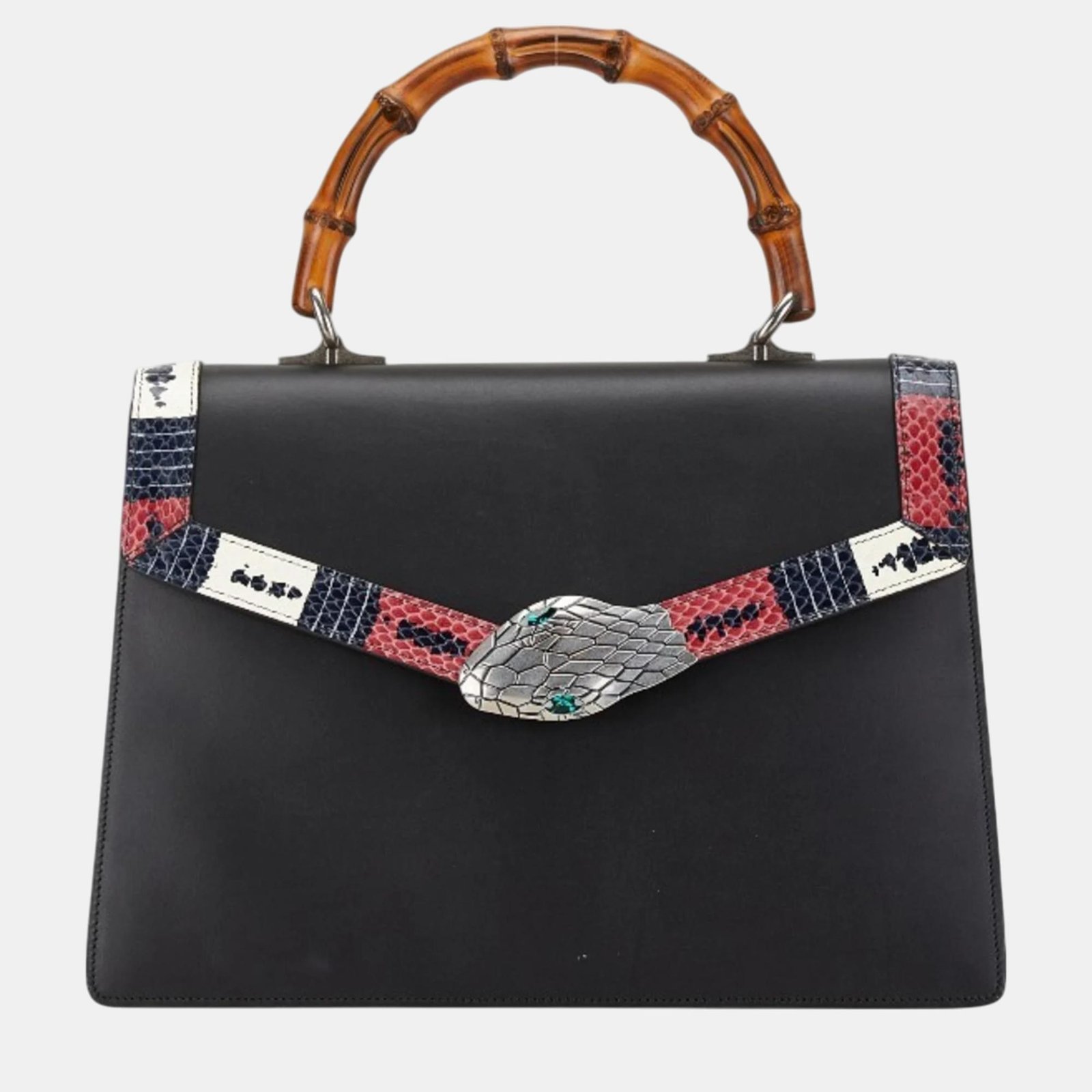 Gucci Black Leather Lilith Coral Snake Bamboo Handbag