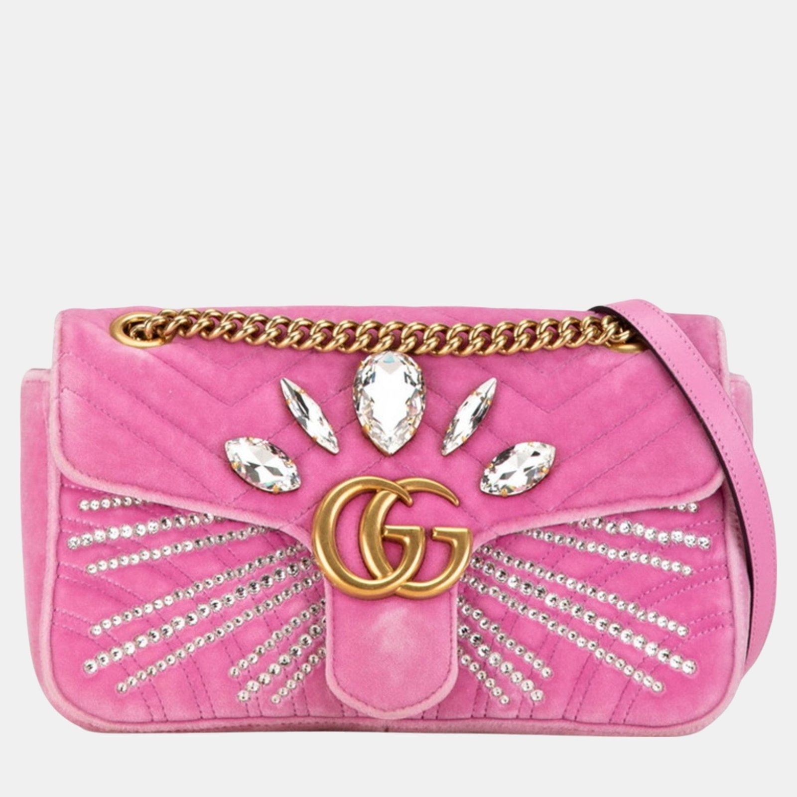 Gucci Pink Velvet GG Marmont Crystal Jewel Chain Shoulder Bag