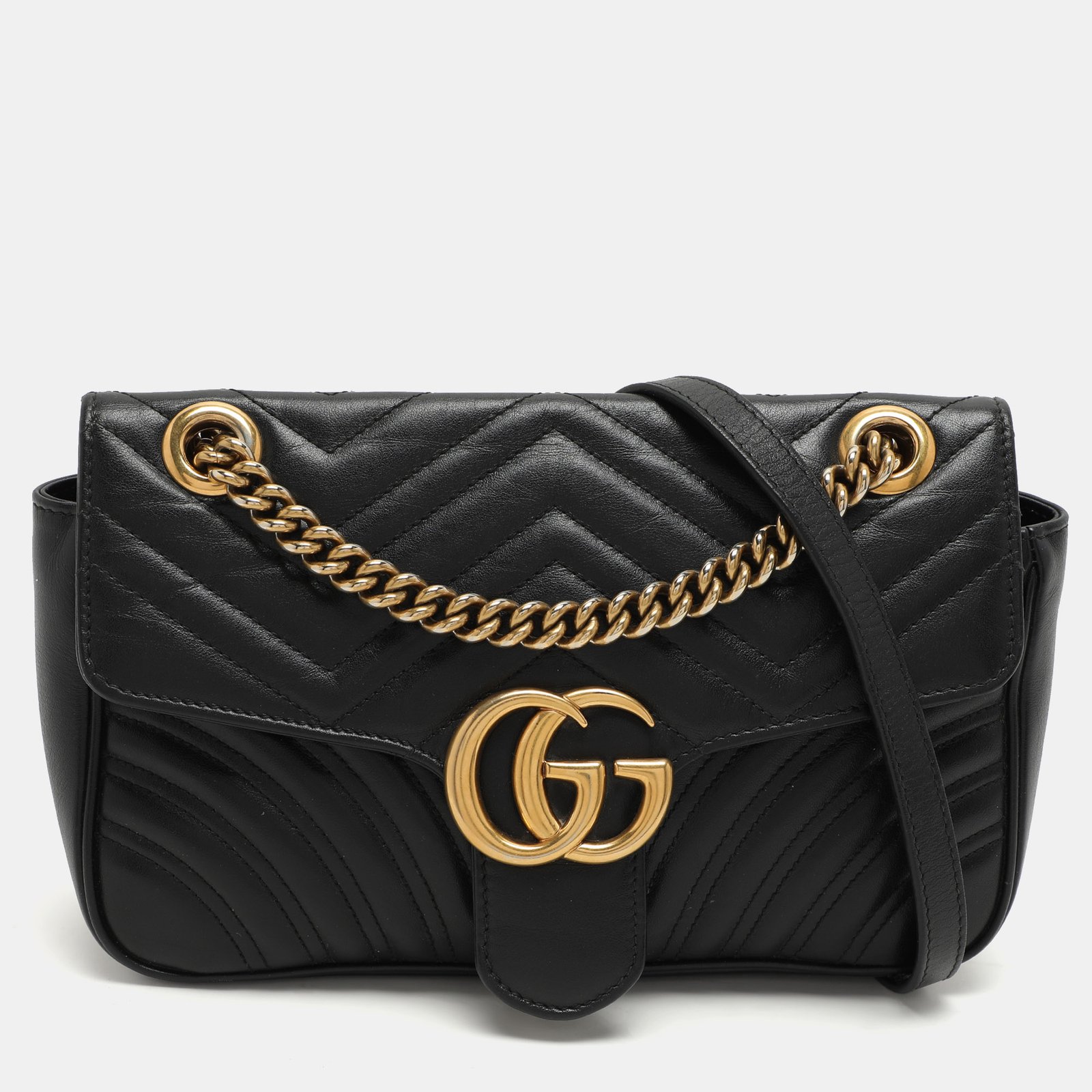 Gucci Black Matelassé Leather Small GG Marmont Shoulder Bag
