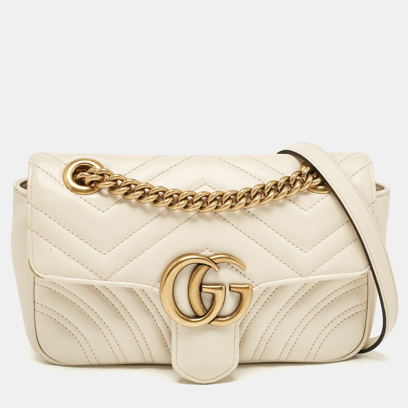 Gucci Off White Matelassé Leather Mini GG Marmont Shoulder Bag