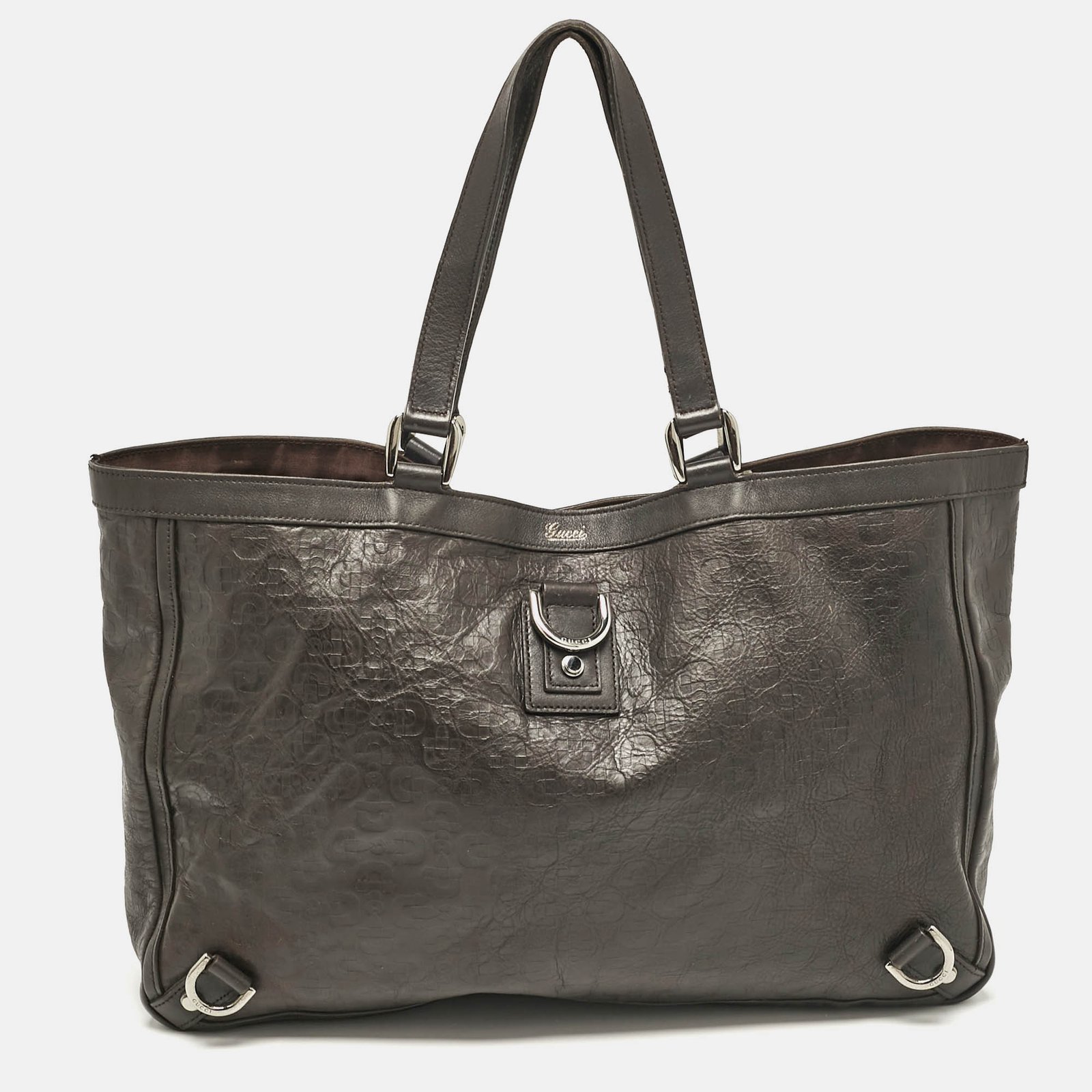 Gucci Dark Brown Horsebit Embossed Leather Abbey D-Ring Tote
